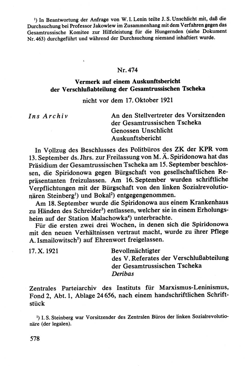 Lenin und die Gesamtrussische Tscheka, Dokumentensammlung, Ministerium für Staatssicherheit (MfS) [Deutsche Demokratische Republik (DDR)], Juristische Hochschule (JHS) Potsdam 1977, Seite 578 (Tscheka Dok. MfS DDR 1977, S. 578)