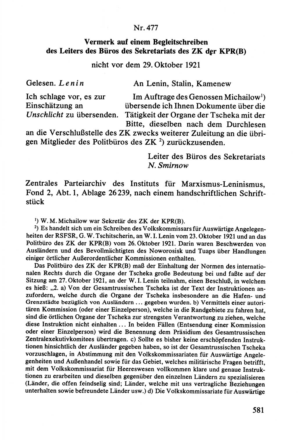 Lenin und die Gesamtrussische Tscheka, Dokumentensammlung, Ministerium für Staatssicherheit (MfS) [Deutsche Demokratische Republik (DDR)], Juristische Hochschule (JHS) Potsdam 1977, Seite 581 (Tscheka Dok. MfS DDR 1977, S. 581)