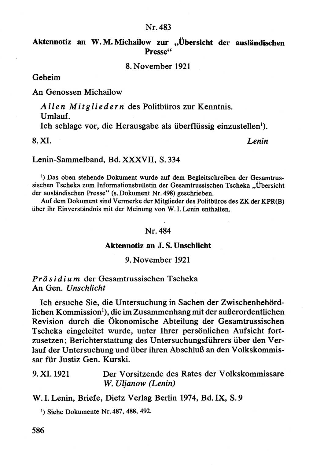 Lenin und die Gesamtrussische Tscheka, Dokumentensammlung, Ministerium für Staatssicherheit (MfS) [Deutsche Demokratische Republik (DDR)], Juristische Hochschule (JHS) Potsdam 1977, Seite 586 (Tscheka Dok. MfS DDR 1977, S. 586)