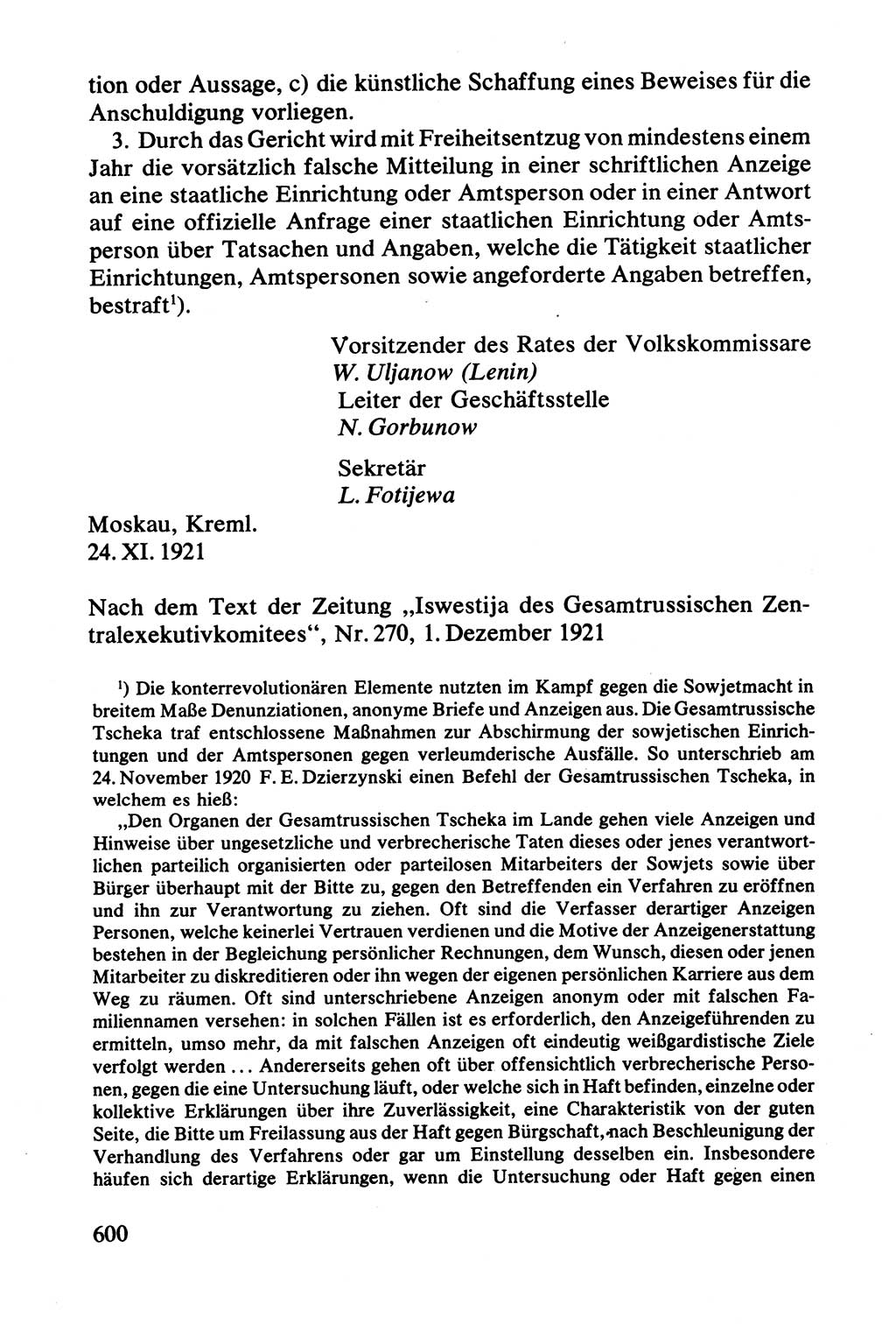 Lenin und die Gesamtrussische Tscheka, Dokumentensammlung, Ministerium für Staatssicherheit (MfS) [Deutsche Demokratische Republik (DDR)], Juristische Hochschule (JHS) Potsdam 1977, Seite 600 (Tscheka Dok. MfS DDR 1977, S. 600)