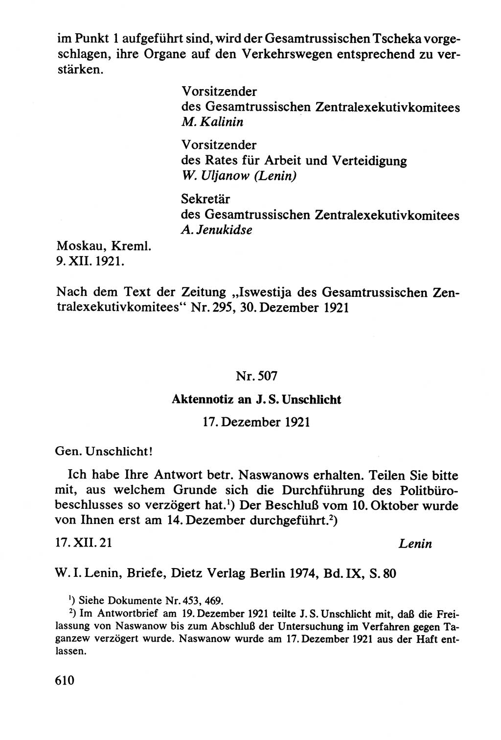 Lenin und die Gesamtrussische Tscheka, Dokumentensammlung, Ministerium für Staatssicherheit (MfS) [Deutsche Demokratische Republik (DDR)], Juristische Hochschule (JHS) Potsdam 1977, Seite 610 (Tscheka Dok. MfS DDR 1977, S. 610)