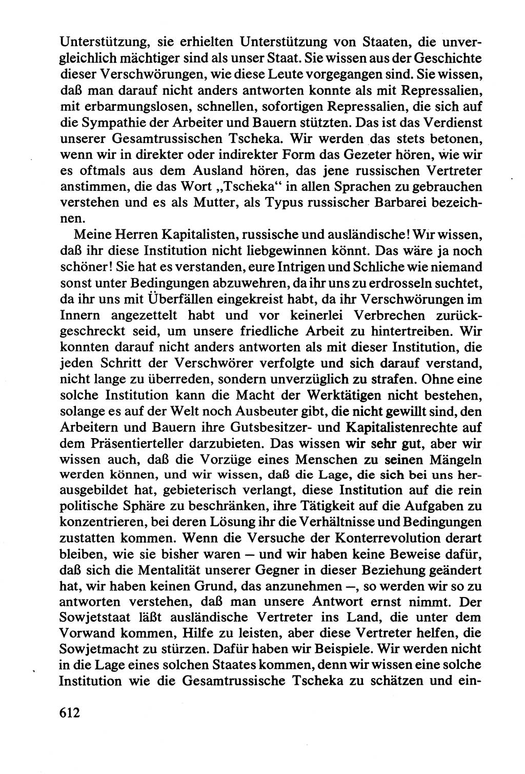 Lenin und die Gesamtrussische Tscheka, Dokumentensammlung, Ministerium für Staatssicherheit (MfS) [Deutsche Demokratische Republik (DDR)], Juristische Hochschule (JHS) Potsdam 1977, Seite 612 (Tscheka Dok. MfS DDR 1977, S. 612)