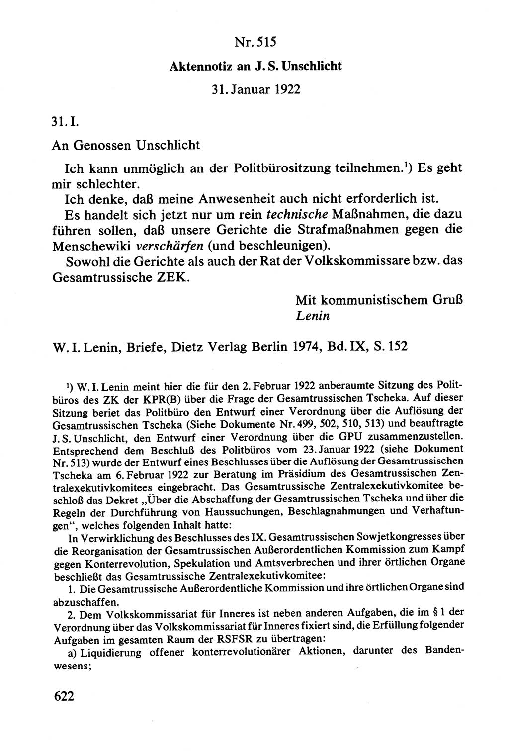 Lenin und die Gesamtrussische Tscheka, Dokumentensammlung, Ministerium für Staatssicherheit (MfS) [Deutsche Demokratische Republik (DDR)], Juristische Hochschule (JHS) Potsdam 1977, Seite 622 (Tscheka Dok. MfS DDR 1977, S. 622)