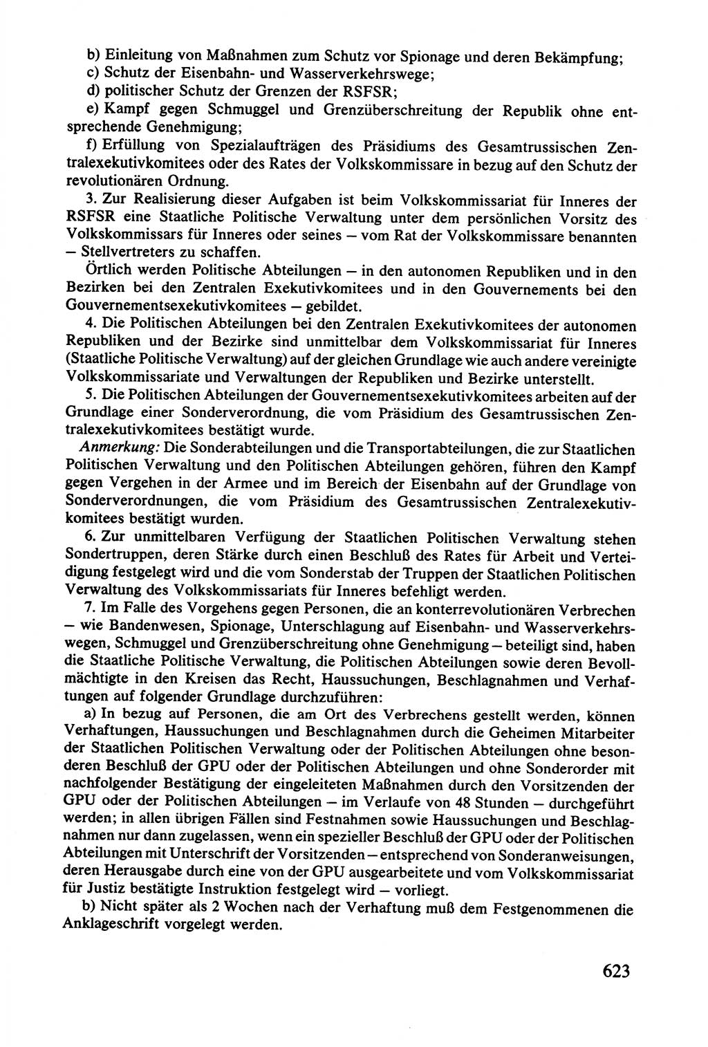 Lenin und die Gesamtrussische Tscheka, Dokumentensammlung, Ministerium für Staatssicherheit (MfS) [Deutsche Demokratische Republik (DDR)], Juristische Hochschule (JHS) Potsdam 1977, Seite 623 (Tscheka Dok. MfS DDR 1977, S. 623)