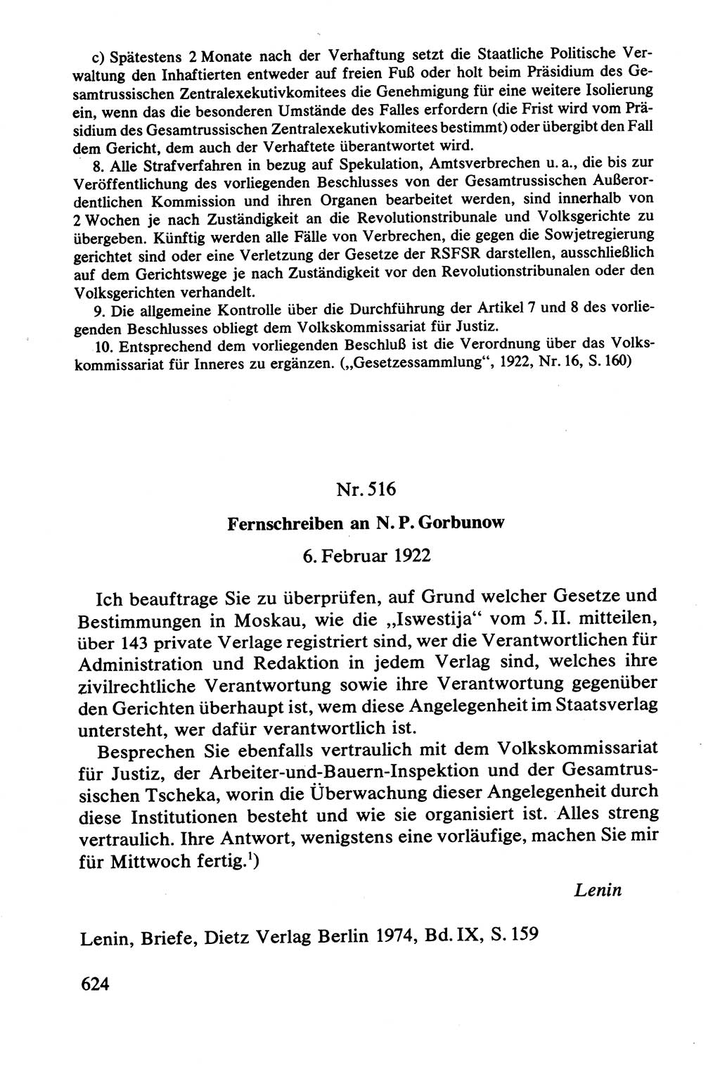 Lenin und die Gesamtrussische Tscheka, Dokumentensammlung, Ministerium für Staatssicherheit (MfS) [Deutsche Demokratische Republik (DDR)], Juristische Hochschule (JHS) Potsdam 1977, Seite 624 (Tscheka Dok. MfS DDR 1977, S. 624)