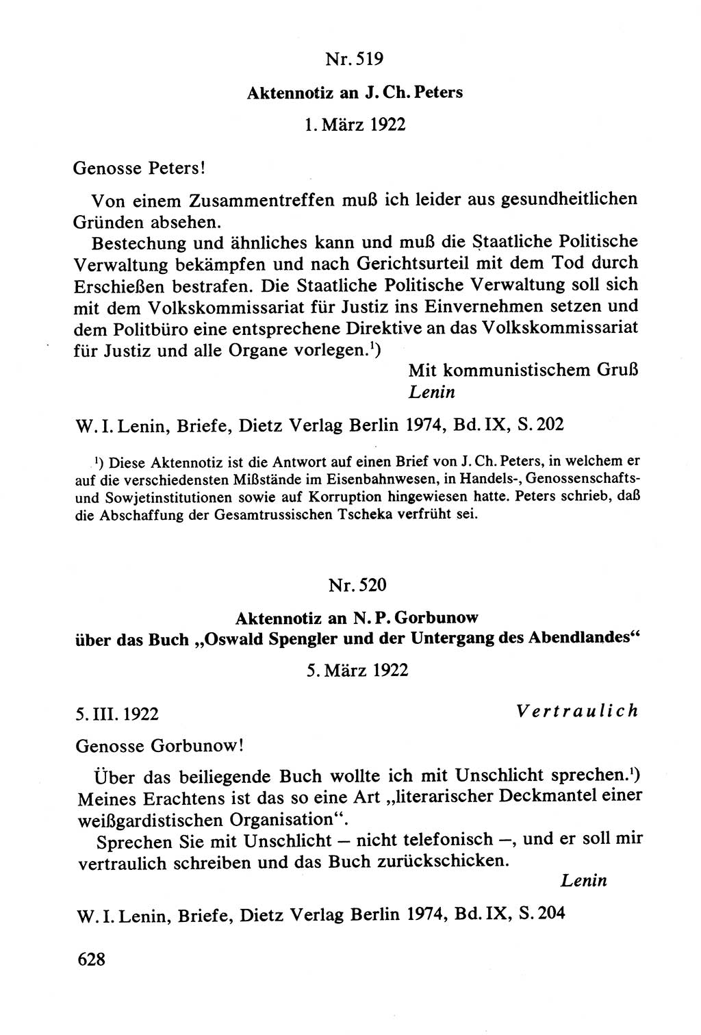 Lenin und die Gesamtrussische Tscheka, Dokumentensammlung, Ministerium für Staatssicherheit (MfS) [Deutsche Demokratische Republik (DDR)], Juristische Hochschule (JHS) Potsdam 1977, Seite 628 (Tscheka Dok. MfS DDR 1977, S. 628)