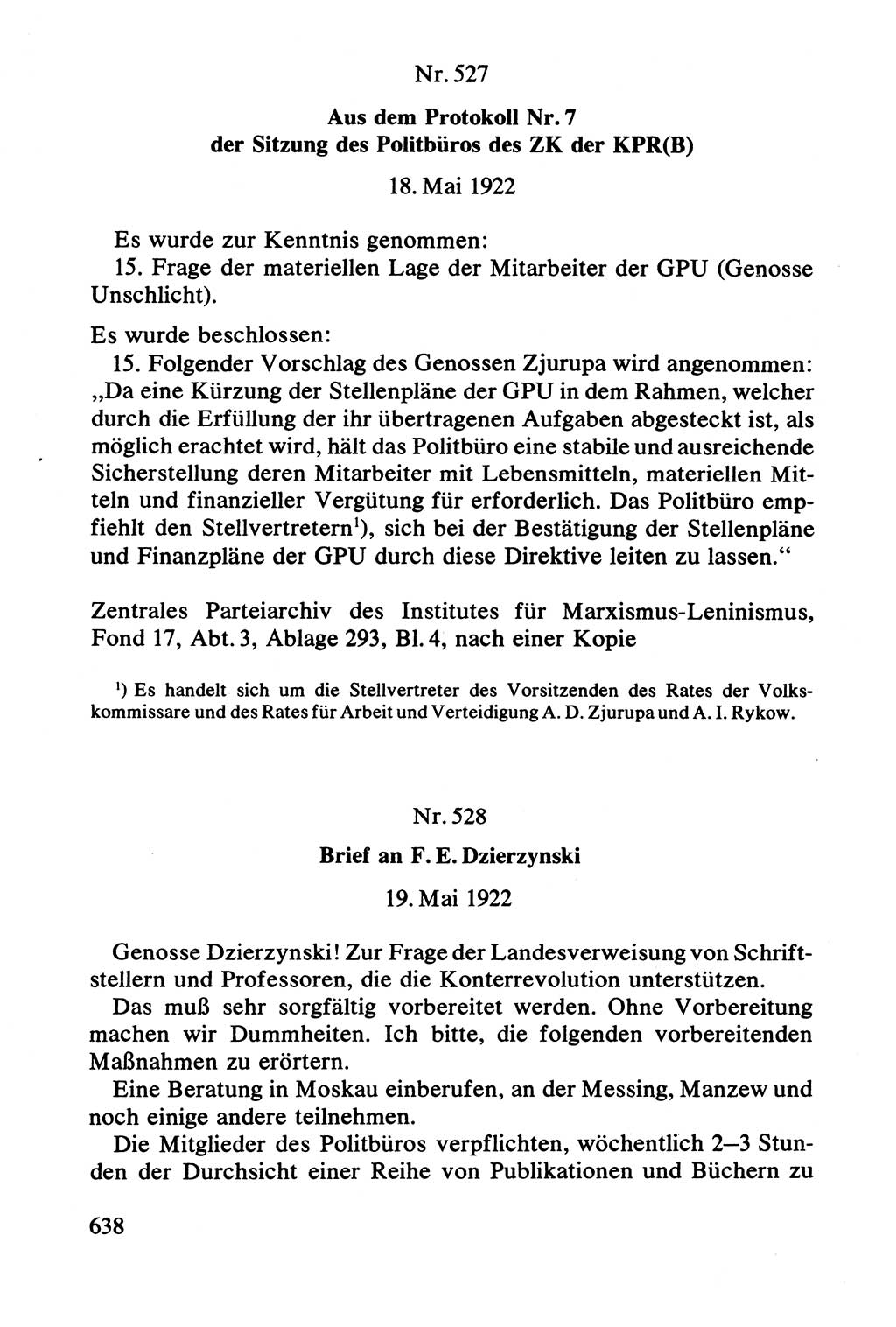 Lenin und die Gesamtrussische Tscheka, Dokumentensammlung, Ministerium für Staatssicherheit (MfS) [Deutsche Demokratische Republik (DDR)], Juristische Hochschule (JHS) Potsdam 1977, Seite 638 (Tscheka Dok. MfS DDR 1977, S. 638)