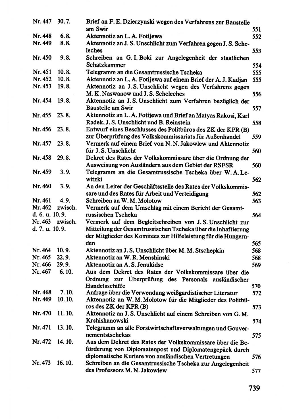 Lenin und die Gesamtrussische Tscheka, Dokumentensammlung, Ministerium für Staatssicherheit (MfS) [Deutsche Demokratische Republik (DDR)], Juristische Hochschule (JHS) Potsdam 1977, Seite 739 (Tscheka Dok. MfS DDR 1977, S. 739)