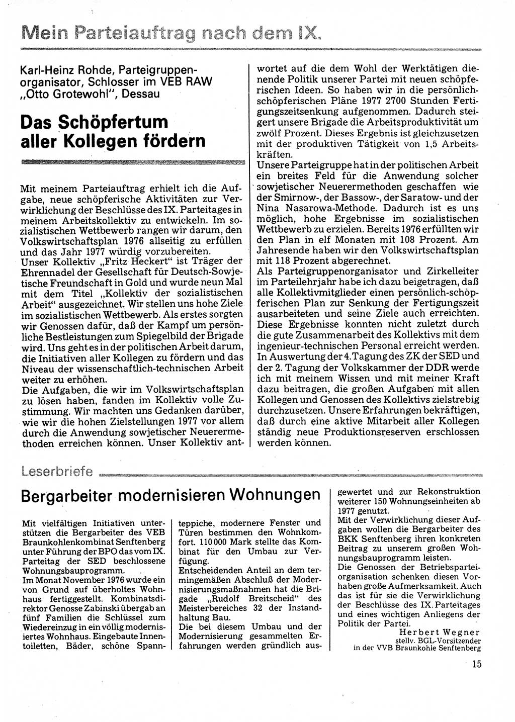 Neuer Weg (NW), Organ des Zentralkomitees (ZK) der SED (Sozialistische Einheitspartei Deutschlands) für Fragen des Parteilebens, 32. Jahrgang [Deutsche Demokratische Republik (DDR)] 1977, Seite 15 (NW ZK SED DDR 1977, S. 15)