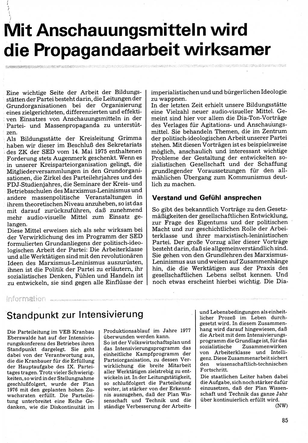 Neuer Weg (NW), Organ des Zentralkomitees (ZK) der SED (Sozialistische Einheitspartei Deutschlands) für Fragen des Parteilebens, 32. Jahrgang [Deutsche Demokratische Republik (DDR)] 1977, Seite 85 (NW ZK SED DDR 1977, S. 85)