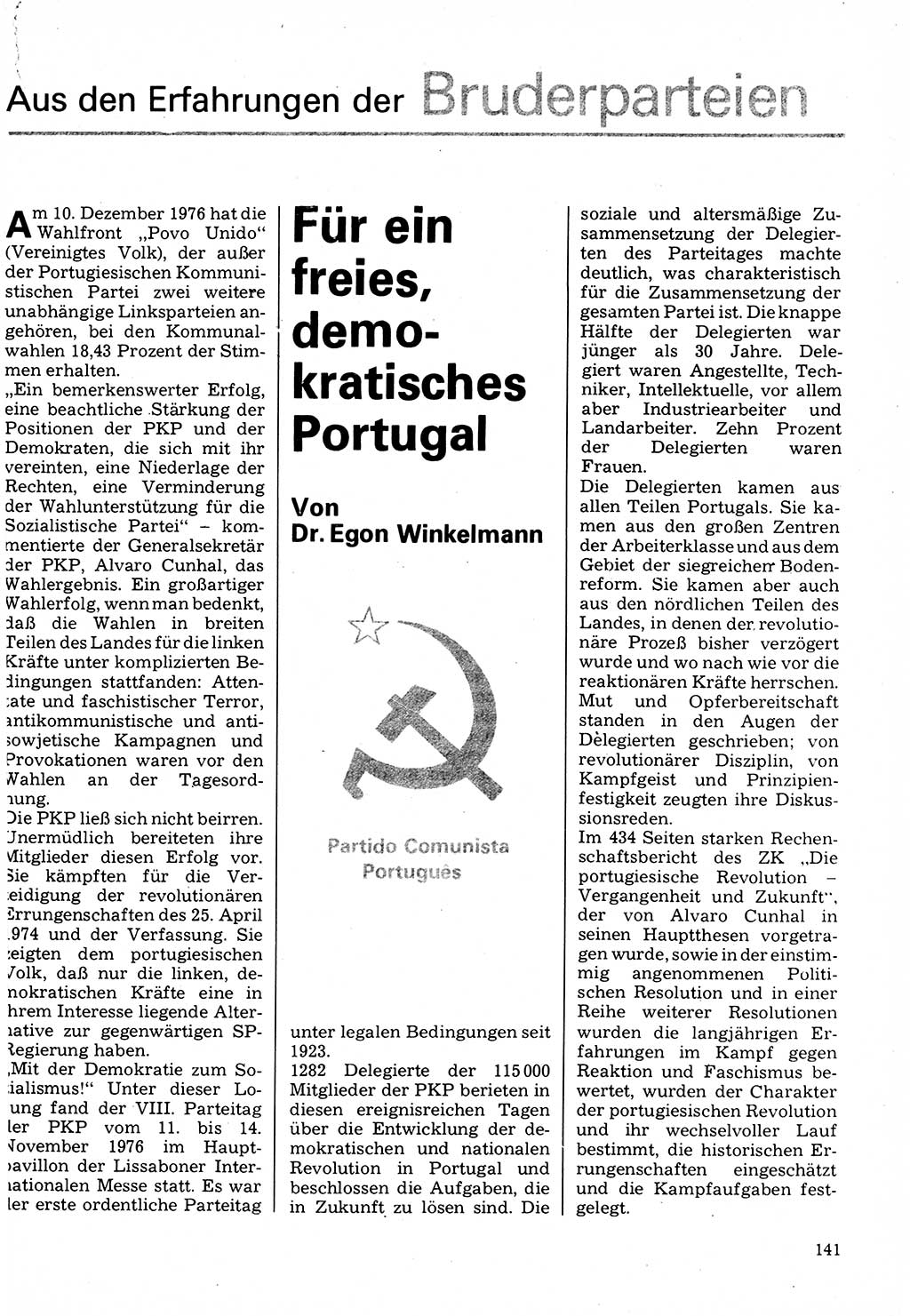 Neuer Weg (NW), Organ des Zentralkomitees (ZK) der SED (Sozialistische Einheitspartei Deutschlands) für Fragen des Parteilebens, 32. Jahrgang [Deutsche Demokratische Republik (DDR)] 1977, Seite 141 (NW ZK SED DDR 1977, S. 141)