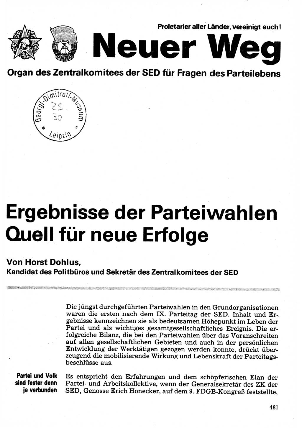 Neuer Weg (NW), Organ des Zentralkomitees (ZK) der SED (Sozialistische Einheitspartei Deutschlands) für Fragen des Parteilebens, 32. Jahrgang [Deutsche Demokratische Republik (DDR)] 1977, Seite 481 (NW ZK SED DDR 1977, S. 481)