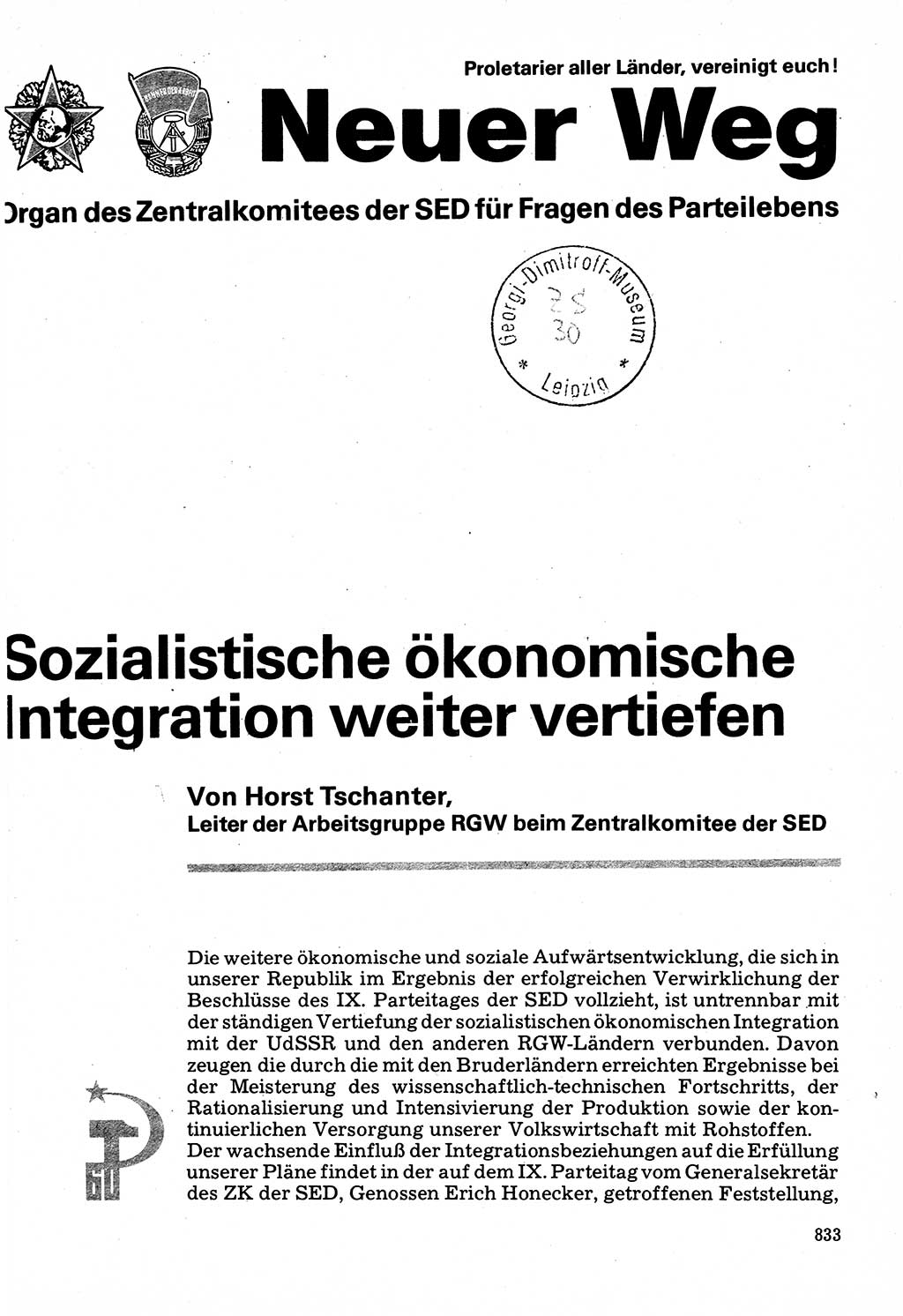 Neuer Weg (NW), Organ des Zentralkomitees (ZK) der SED (Sozialistische Einheitspartei Deutschlands) für Fragen des Parteilebens, 32. Jahrgang [Deutsche Demokratische Republik (DDR)] 1977, Seite 833 (NW ZK SED DDR 1977, S. 833)