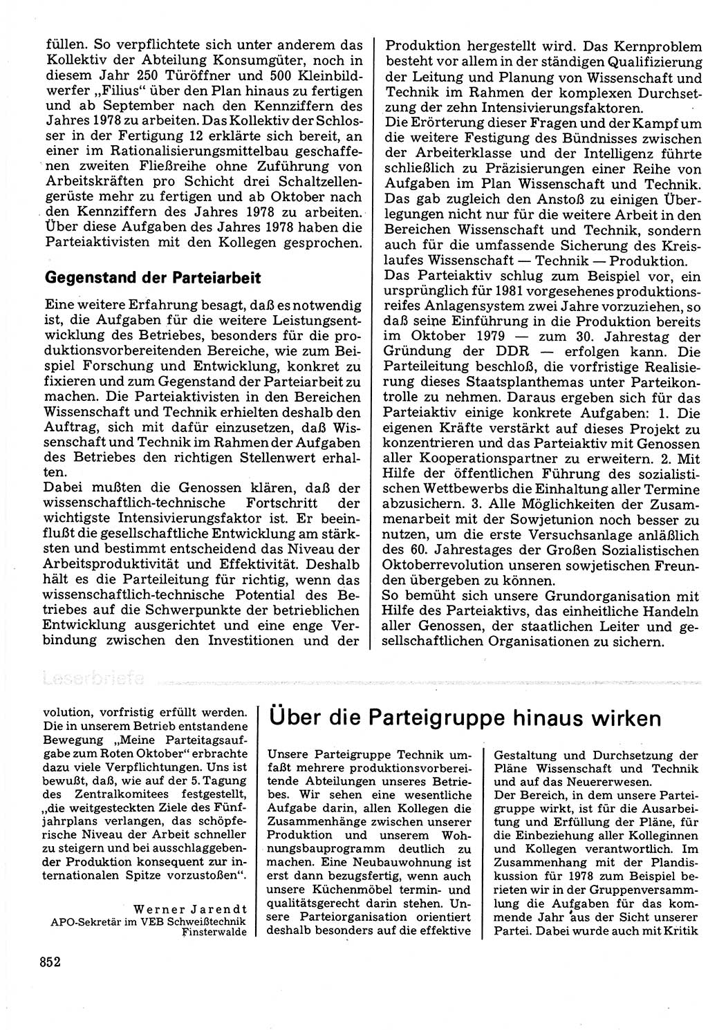 Neuer Weg (NW), Organ des Zentralkomitees (ZK) der SED (Sozialistische Einheitspartei Deutschlands) für Fragen des Parteilebens, 32. Jahrgang [Deutsche Demokratische Republik (DDR)] 1977, Seite 852 (NW ZK SED DDR 1977, S. 852)