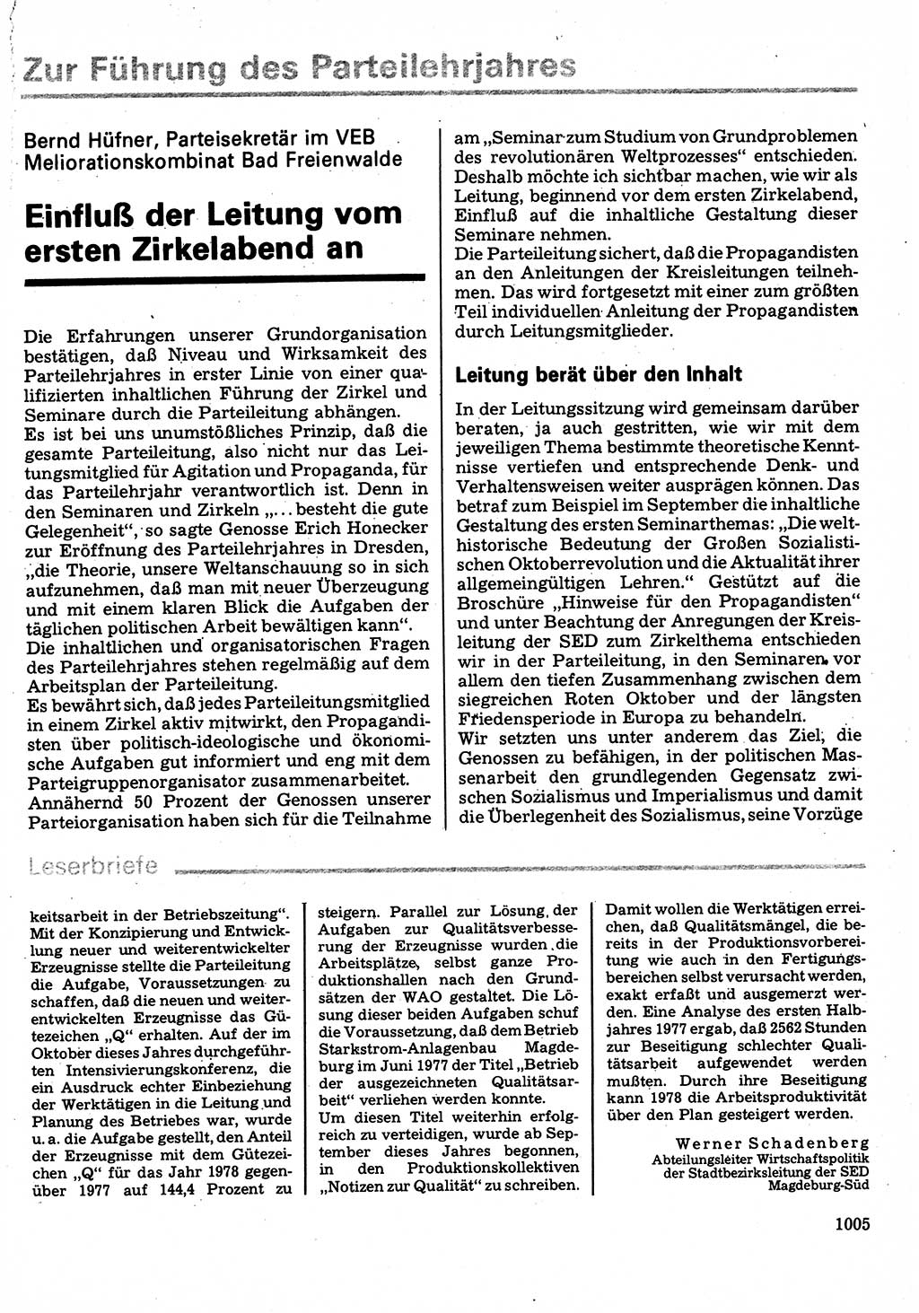 Neuer Weg (NW), Organ des Zentralkomitees (ZK) der SED (Sozialistische Einheitspartei Deutschlands) für Fragen des Parteilebens, 32. Jahrgang [Deutsche Demokratische Republik (DDR)] 1977, Seite 1005 (NW ZK SED DDR 1977, S. 1005)