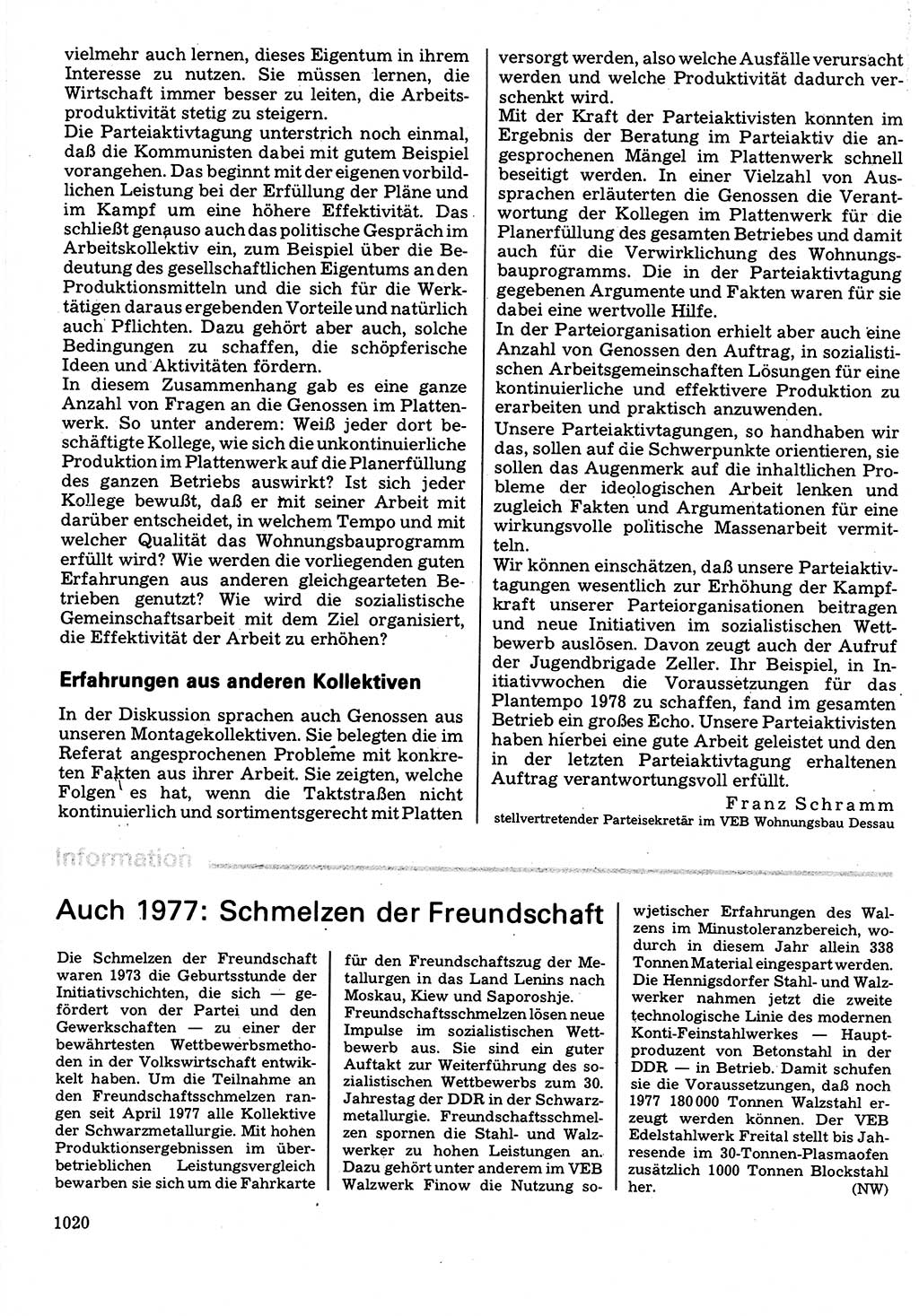 Neuer Weg (NW), Organ des Zentralkomitees (ZK) der SED (Sozialistische Einheitspartei Deutschlands) für Fragen des Parteilebens, 32. Jahrgang [Deutsche Demokratische Republik (DDR)] 1977, Seite 1020 (NW ZK SED DDR 1977, S. 1020)