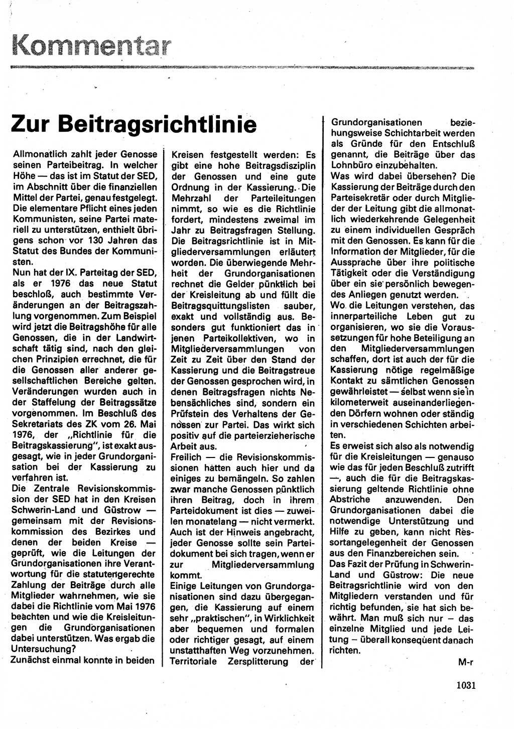 Neuer Weg (NW), Organ des Zentralkomitees (ZK) der SED (Sozialistische Einheitspartei Deutschlands) für Fragen des Parteilebens, 32. Jahrgang [Deutsche Demokratische Republik (DDR)] 1977, Seite 1031 (NW ZK SED DDR 1977, S. 1031)