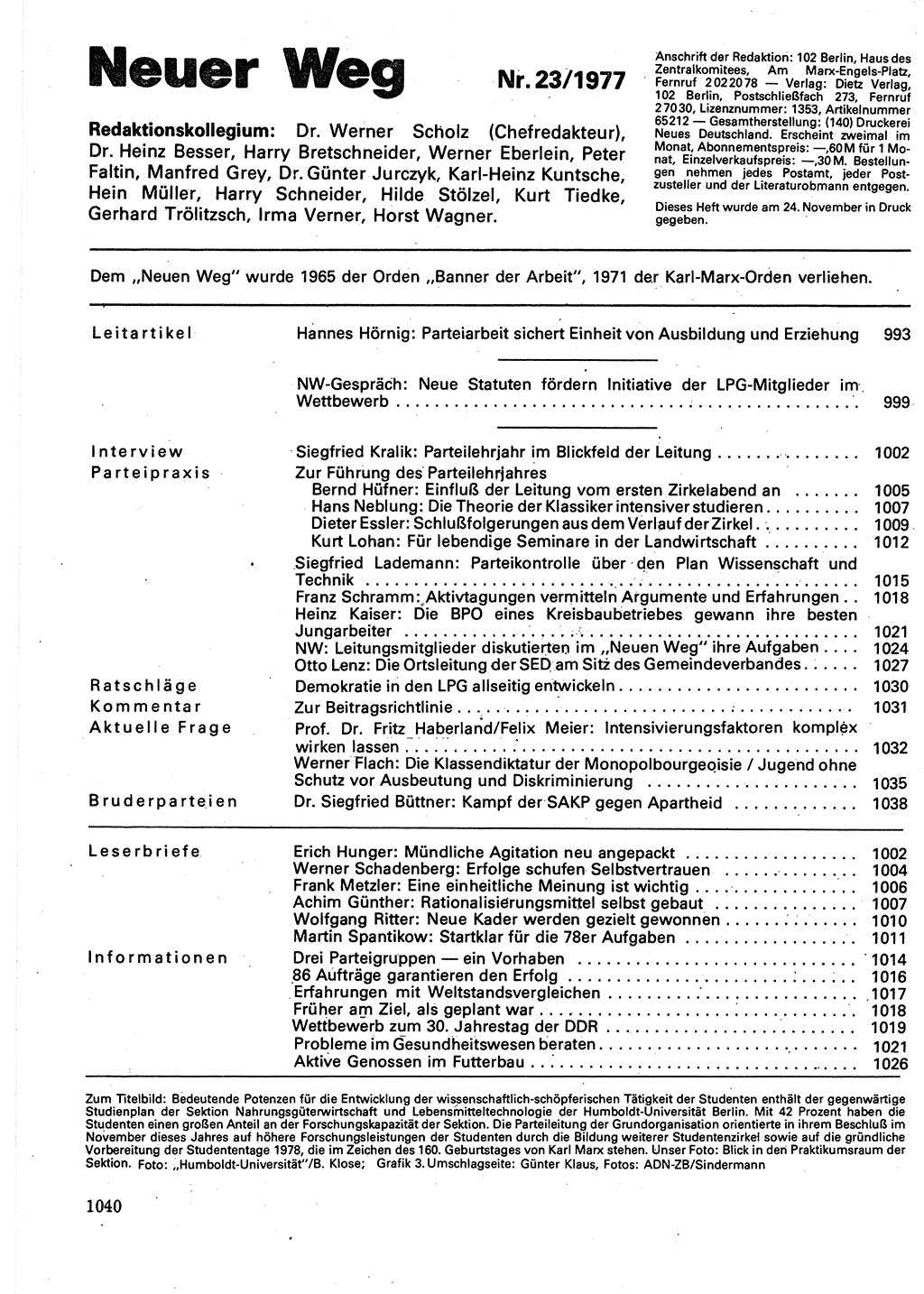 Neuer Weg (NW), Organ des Zentralkomitees (ZK) der SED (Sozialistische Einheitspartei Deutschlands) für Fragen des Parteilebens, 32. Jahrgang [Deutsche Demokratische Republik (DDR)] 1977, Seite 1040 (NW ZK SED DDR 1977, S. 1040)