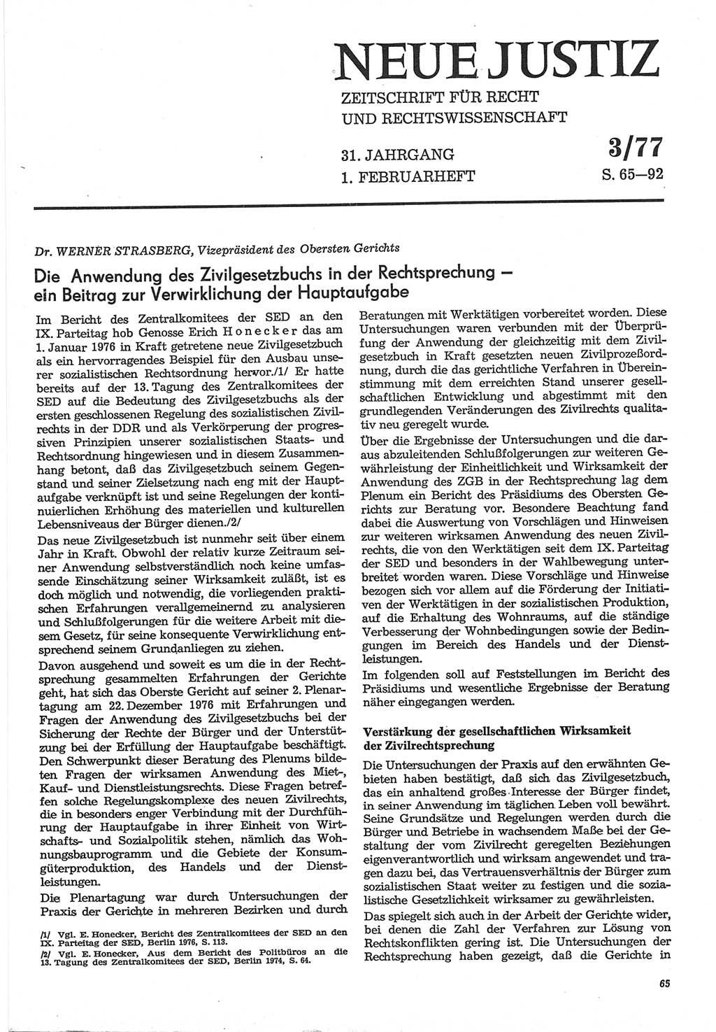 Neue Justiz (NJ), Zeitschrift für Recht und Rechtswissenschaft-Zeitschrift, sozialistisches Recht und Gesetzlichkeit, 31. Jahrgang 1977, Seite 65 (NJ DDR 1977, S. 65)