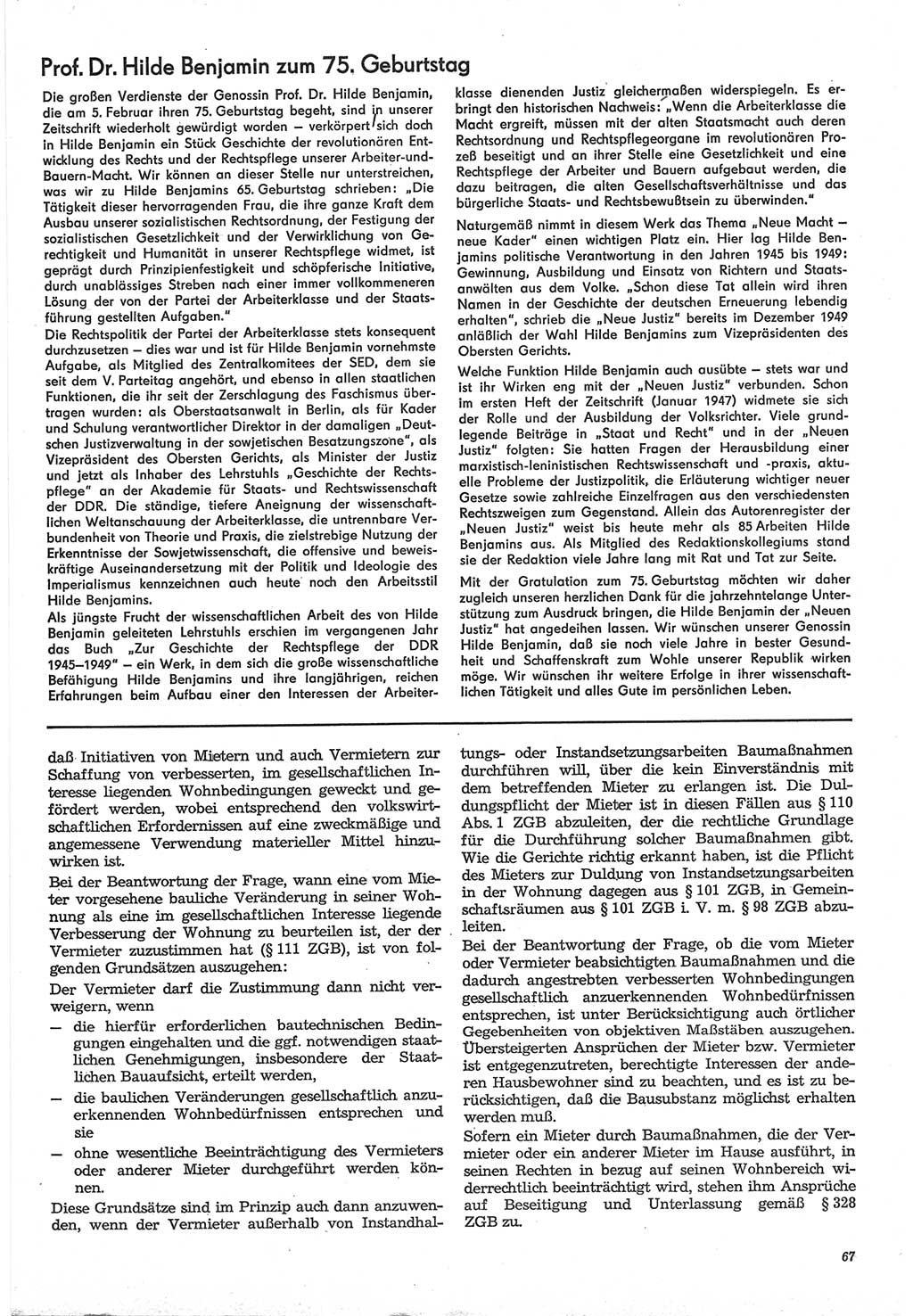 Neue Justiz (NJ), Zeitschrift für Recht und Rechtswissenschaft-Zeitschrift, sozialistisches Recht und Gesetzlichkeit, 31. Jahrgang 1977, Seite 67 (NJ DDR 1977, S. 67)