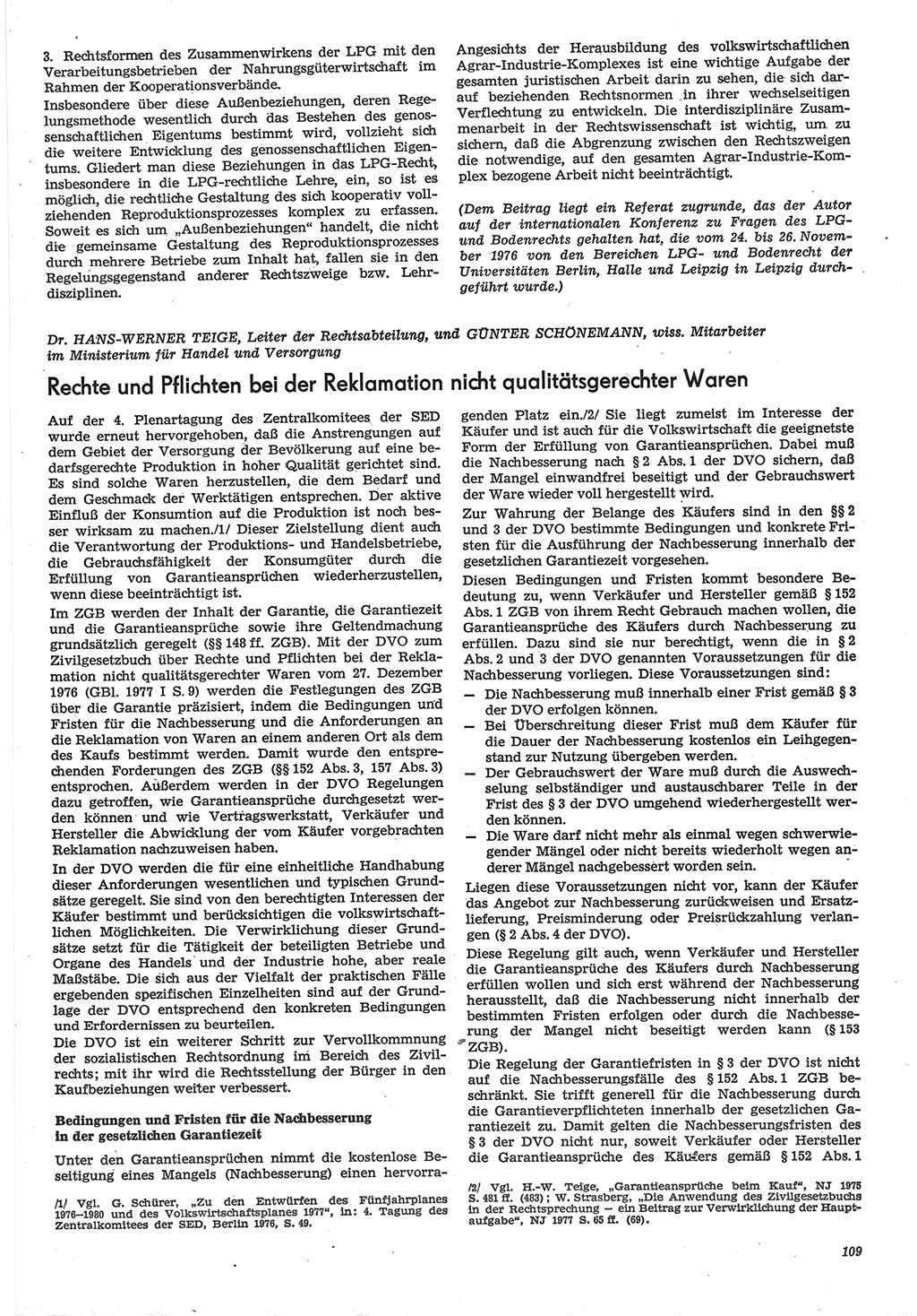 Neue Justiz (NJ), Zeitschrift für Recht und Rechtswissenschaft-Zeitschrift, sozialistisches Recht und Gesetzlichkeit, 31. Jahrgang 1977, Seite 109 (NJ DDR 1977, S. 109)
