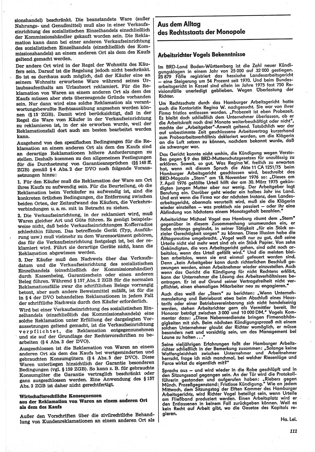 Neue Justiz (NJ), Zeitschrift für Recht und Rechtswissenschaft-Zeitschrift, sozialistisches Recht und Gesetzlichkeit, 31. Jahrgang 1977, Seite 111 (NJ DDR 1977, S. 111)