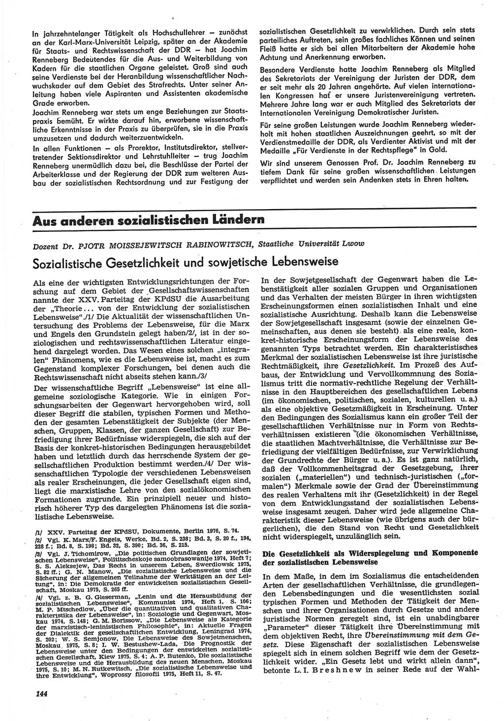 Neue Justiz (NJ), Zeitschrift für Recht und Rechtswissenschaft-Zeitschrift, sozialistisches Recht und Gesetzlichkeit, 31. Jahrgang 1977, Seite 144 (NJ DDR 1977, S. 144)