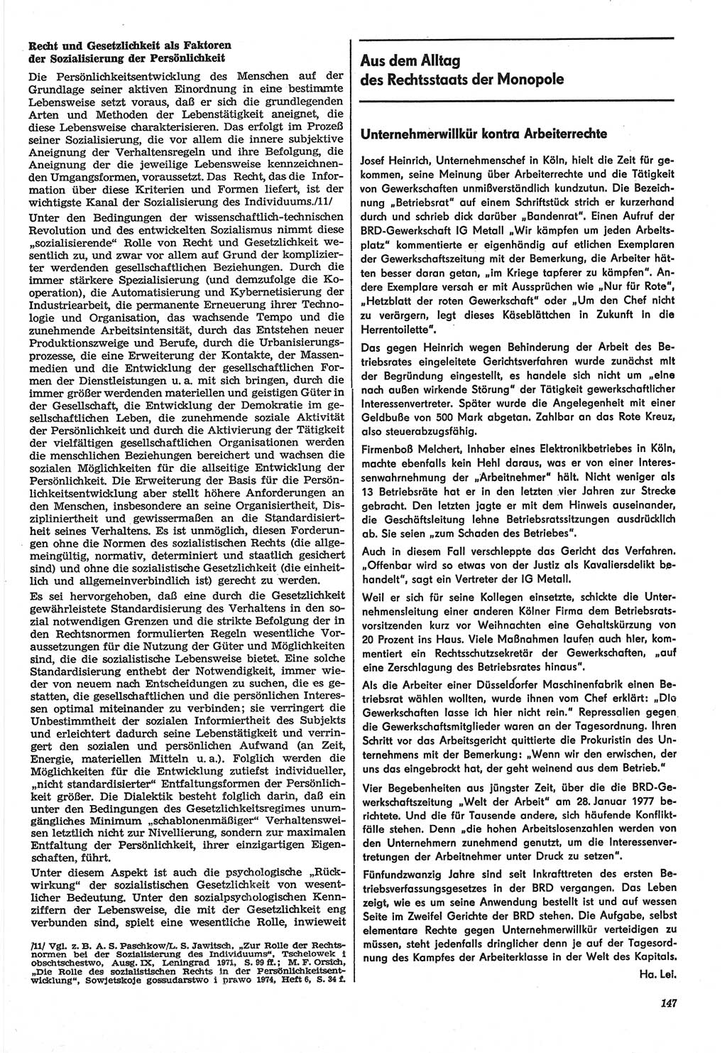 Neue Justiz (NJ), Zeitschrift für Recht und Rechtswissenschaft-Zeitschrift, sozialistisches Recht und Gesetzlichkeit, 31. Jahrgang 1977, Seite 147 (NJ DDR 1977, S. 147)