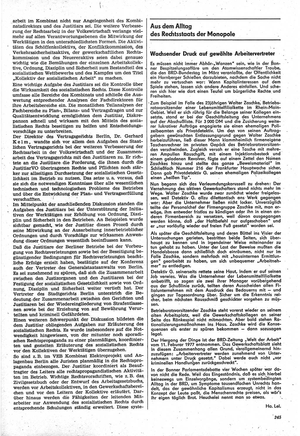 Neue Justiz (NJ), Zeitschrift für Recht und Rechtswissenschaft-Zeitschrift, sozialistisches Recht und Gesetzlichkeit, 31. Jahrgang 1977, Seite 245 (NJ DDR 1977, S. 245)