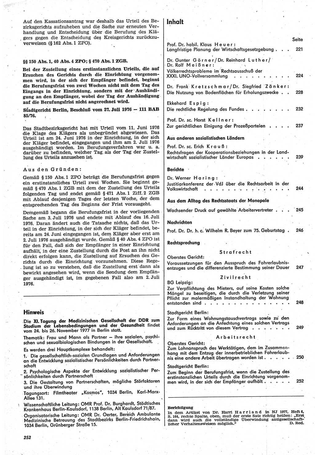 Neue Justiz (NJ), Zeitschrift für Recht und Rechtswissenschaft-Zeitschrift, sozialistisches Recht und Gesetzlichkeit, 31. Jahrgang 1977, Seite 252 (NJ DDR 1977, S. 252)