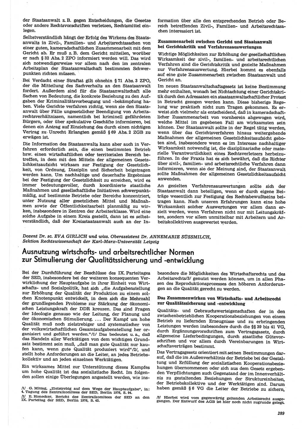 Neue Justiz (NJ), Zeitschrift für Recht und Rechtswissenschaft-Zeitschrift, sozialistisches Recht und Gesetzlichkeit, 31. Jahrgang 1977, Seite 289 (NJ DDR 1977, S. 289)