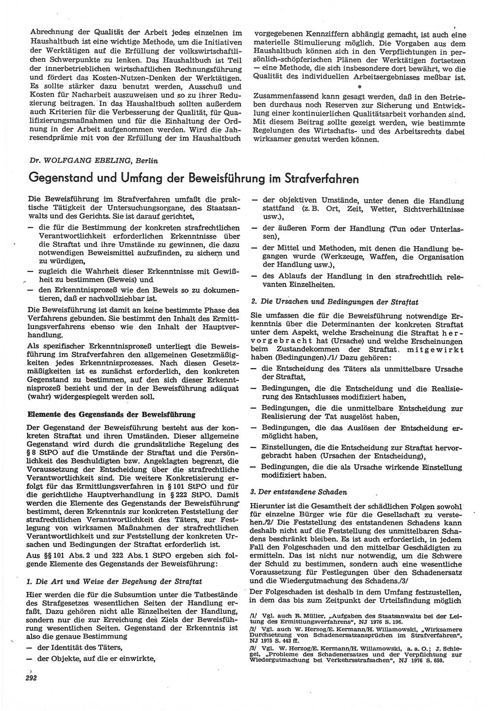 Neue Justiz (NJ), Zeitschrift für Recht und Rechtswissenschaft-Zeitschrift, sozialistisches Recht und Gesetzlichkeit, 31. Jahrgang 1977, Seite 292 (NJ DDR 1977, S. 292)