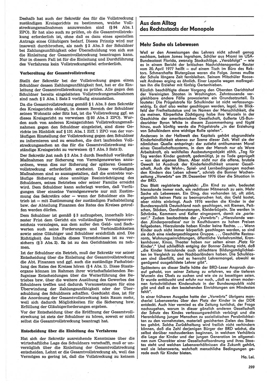 Neue Justiz (NJ), Zeitschrift für Recht und Rechtswissenschaft-Zeitschrift, sozialistisches Recht und Gesetzlichkeit, 31. Jahrgang 1977, Seite 299 (NJ DDR 1977, S. 299)