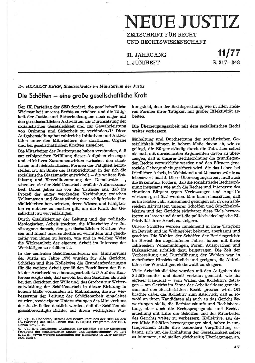 Neue Justiz (NJ), Zeitschrift für Recht und Rechtswissenschaft-Zeitschrift, sozialistisches Recht und Gesetzlichkeit, 31. Jahrgang 1977, Seite 317 (NJ DDR 1977, S. 317)