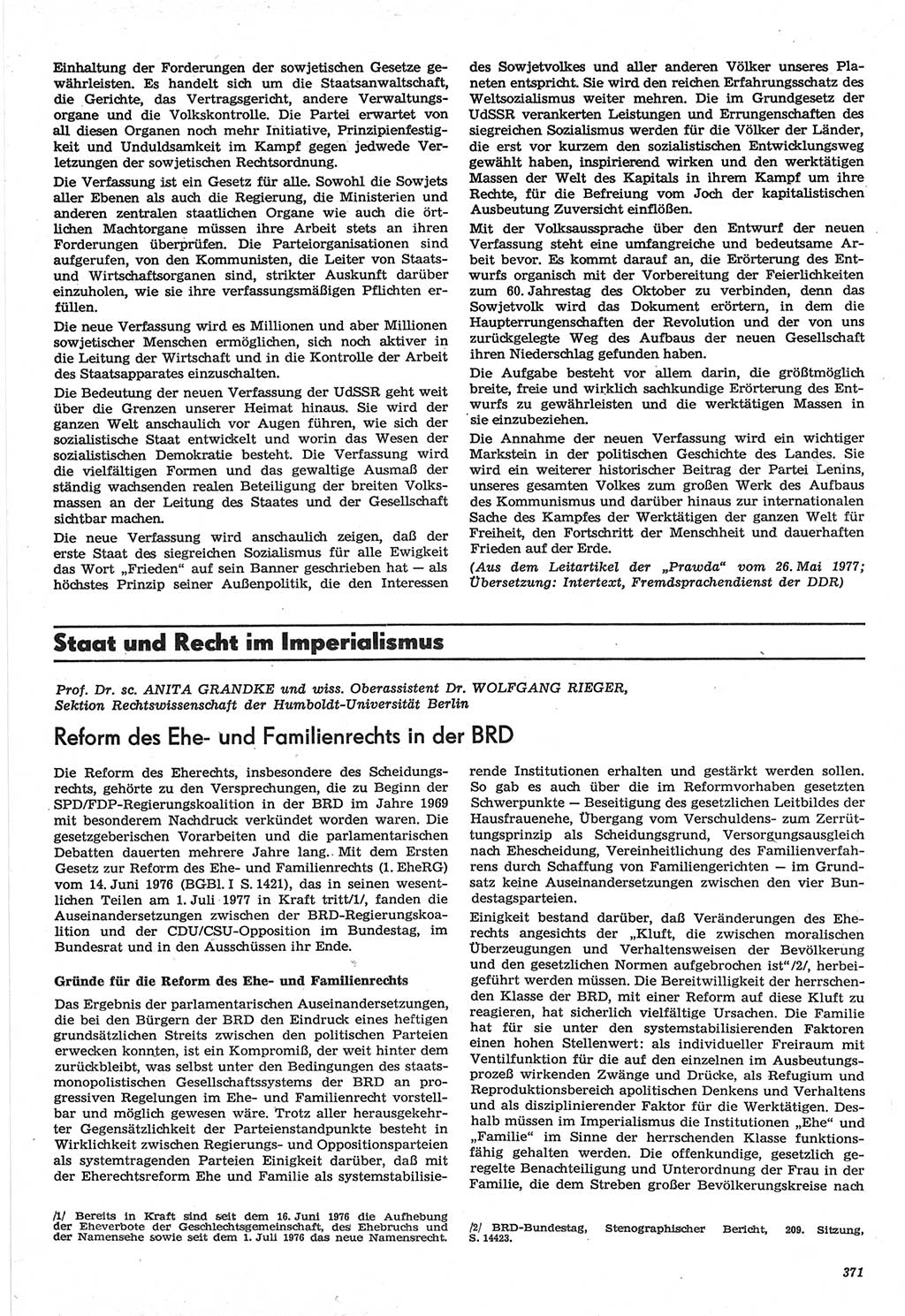 Neue Justiz (NJ), Zeitschrift für Recht und Rechtswissenschaft-Zeitschrift, sozialistisches Recht und Gesetzlichkeit, 31. Jahrgang 1977, Seite 371 (NJ DDR 1977, S. 371)