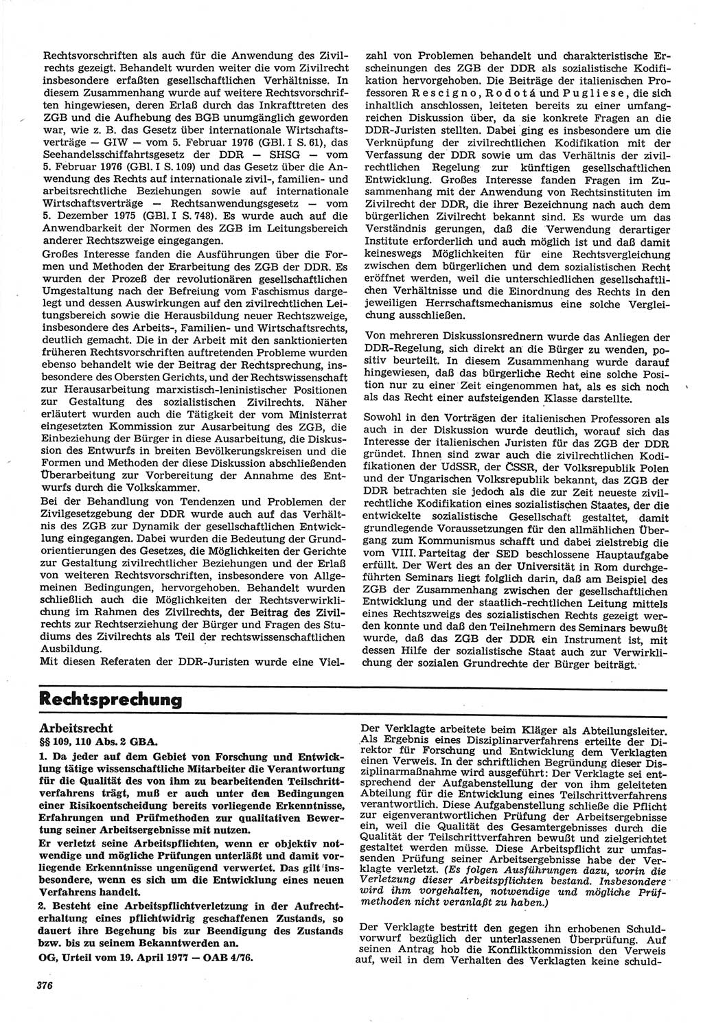Neue Justiz (NJ), Zeitschrift für Recht und Rechtswissenschaft-Zeitschrift, sozialistisches Recht und Gesetzlichkeit, 31. Jahrgang 1977, Seite 376 (NJ DDR 1977, S. 376)