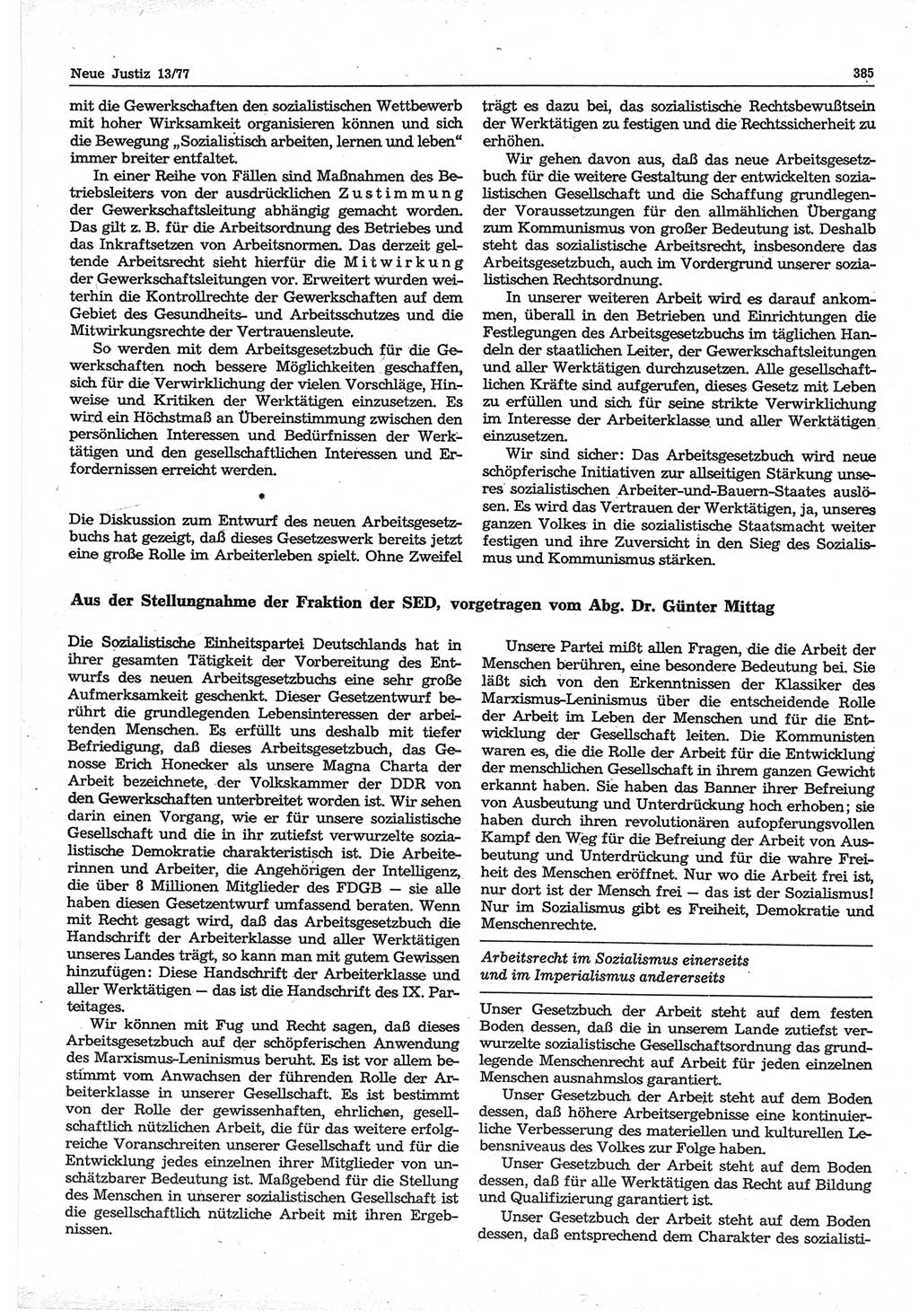 Neue Justiz (NJ), Zeitschrift für Recht und Rechtswissenschaft-Zeitschrift, sozialistisches Recht und Gesetzlichkeit, 31. Jahrgang 1977, Seite 385 (NJ DDR 1977, S. 385)