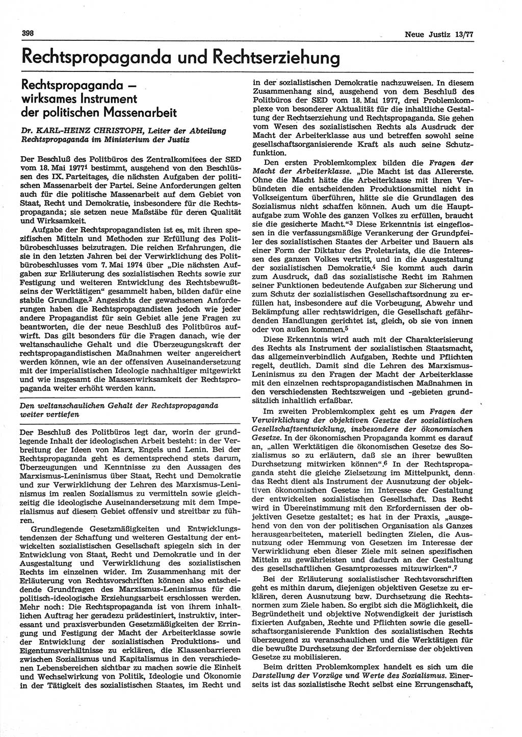 Neue Justiz (NJ), Zeitschrift für Recht und Rechtswissenschaft-Zeitschrift, sozialistisches Recht und Gesetzlichkeit, 31. Jahrgang 1977, Seite 398 (NJ DDR 1977, S. 398)