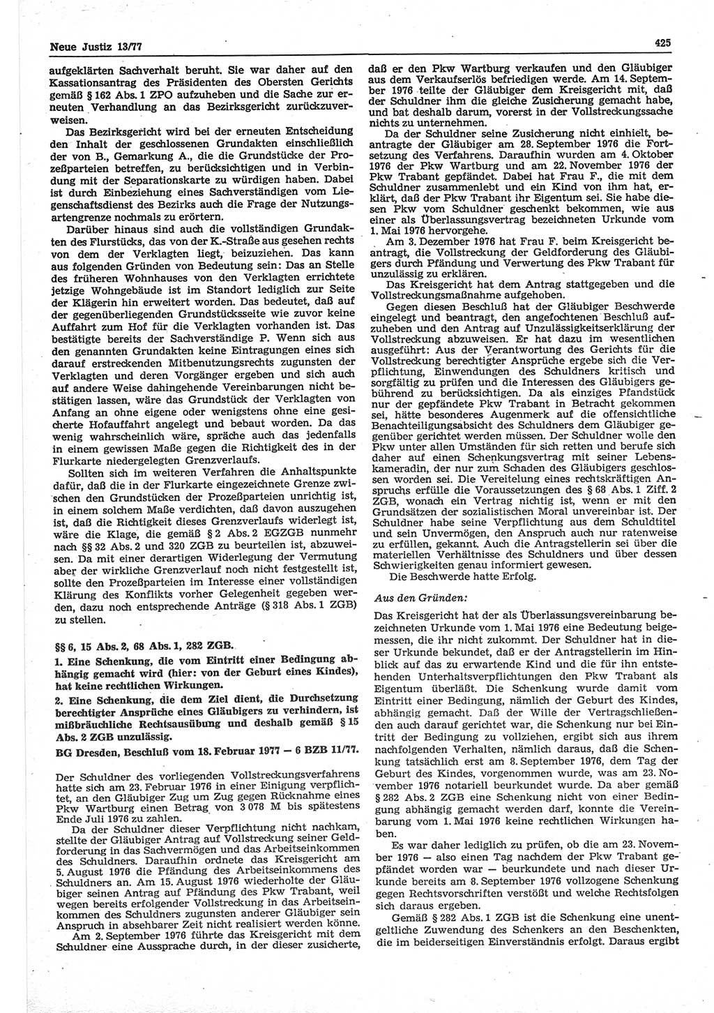 Neue Justiz (NJ), Zeitschrift für Recht und Rechtswissenschaft-Zeitschrift, sozialistisches Recht und Gesetzlichkeit, 31. Jahrgang 1977, Seite 425 (NJ DDR 1977, S. 425)