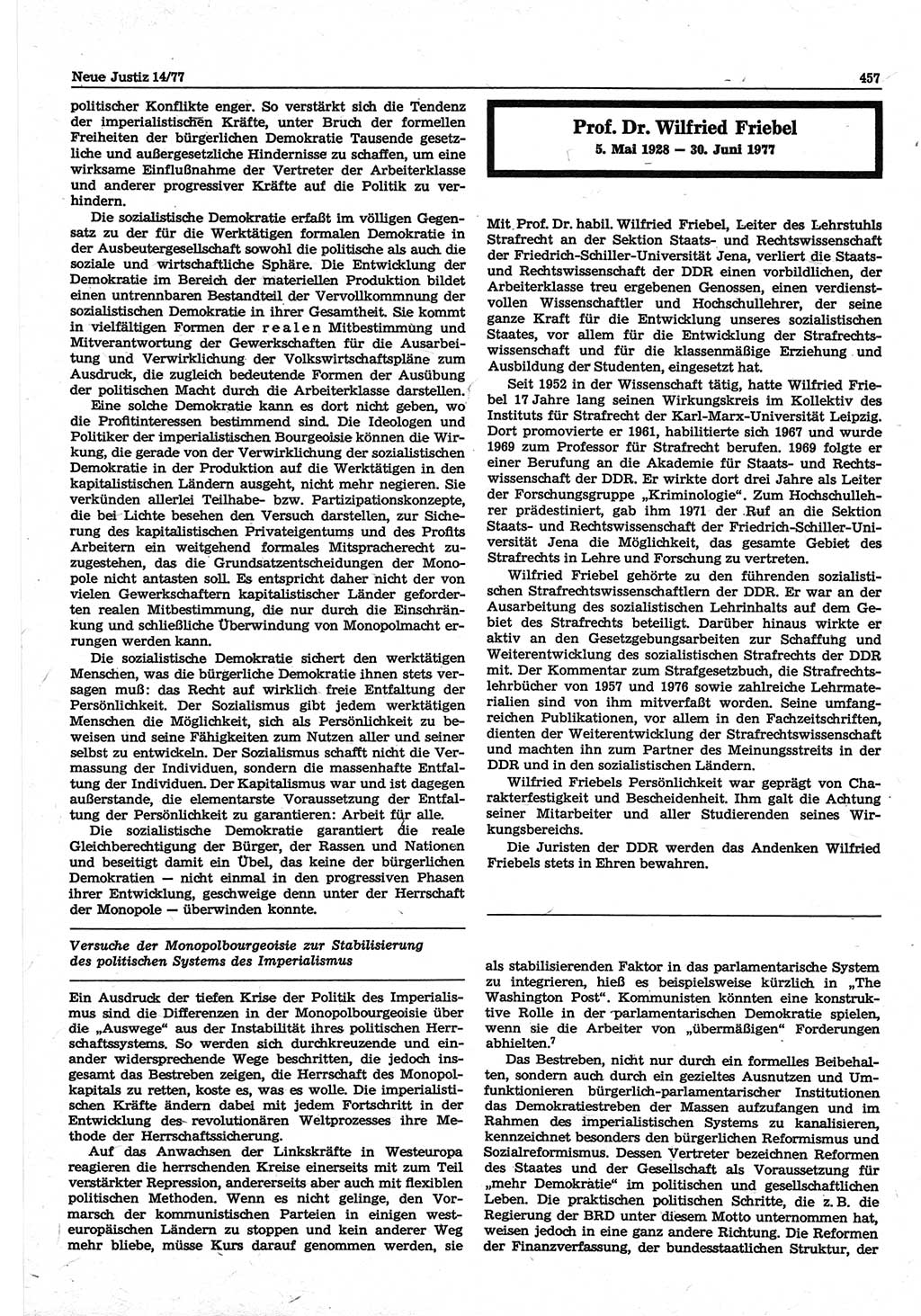 Neue Justiz (NJ), Zeitschrift für Recht und Rechtswissenschaft-Zeitschrift, sozialistisches Recht und Gesetzlichkeit, 31. Jahrgang 1977, Seite 457 (NJ DDR 1977, S. 457)