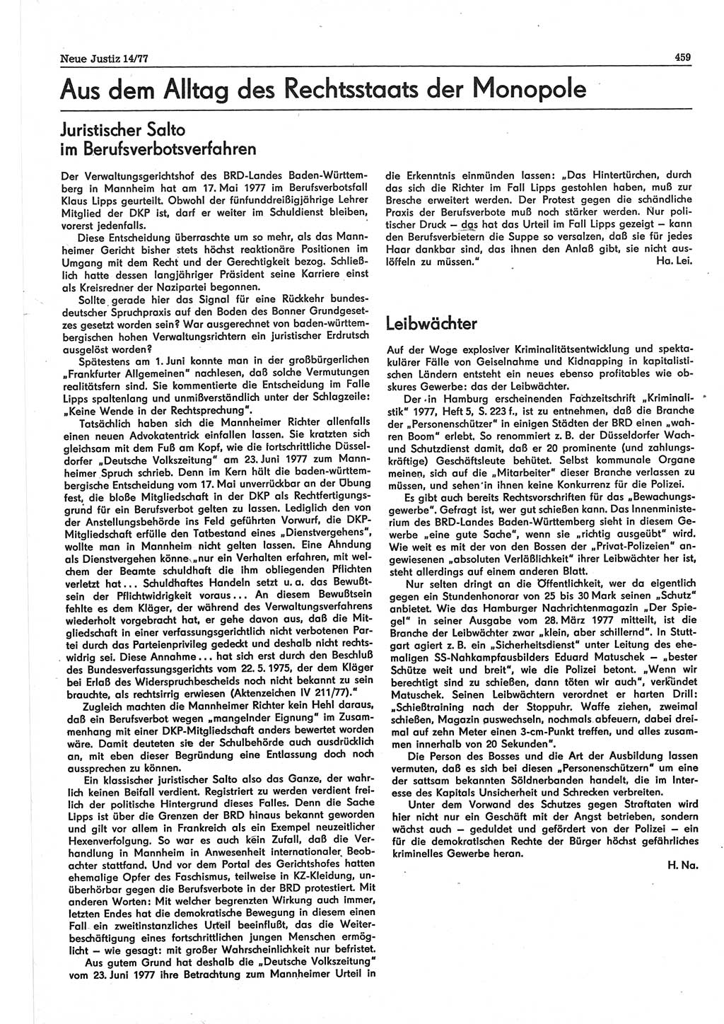 Neue Justiz (NJ), Zeitschrift für Recht und Rechtswissenschaft-Zeitschrift, sozialistisches Recht und Gesetzlichkeit, 31. Jahrgang 1977, Seite 459 (NJ DDR 1977, S. 459)