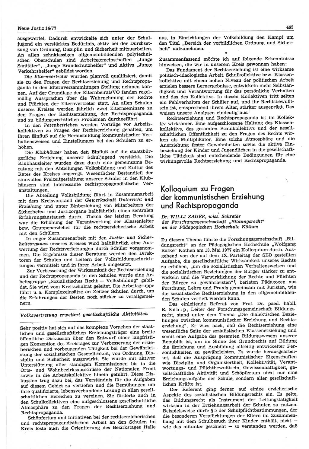 Neue Justiz (NJ), Zeitschrift für Recht und Rechtswissenschaft-Zeitschrift, sozialistisches Recht und Gesetzlichkeit, 31. Jahrgang 1977, Seite 465 (NJ DDR 1977, S. 465)