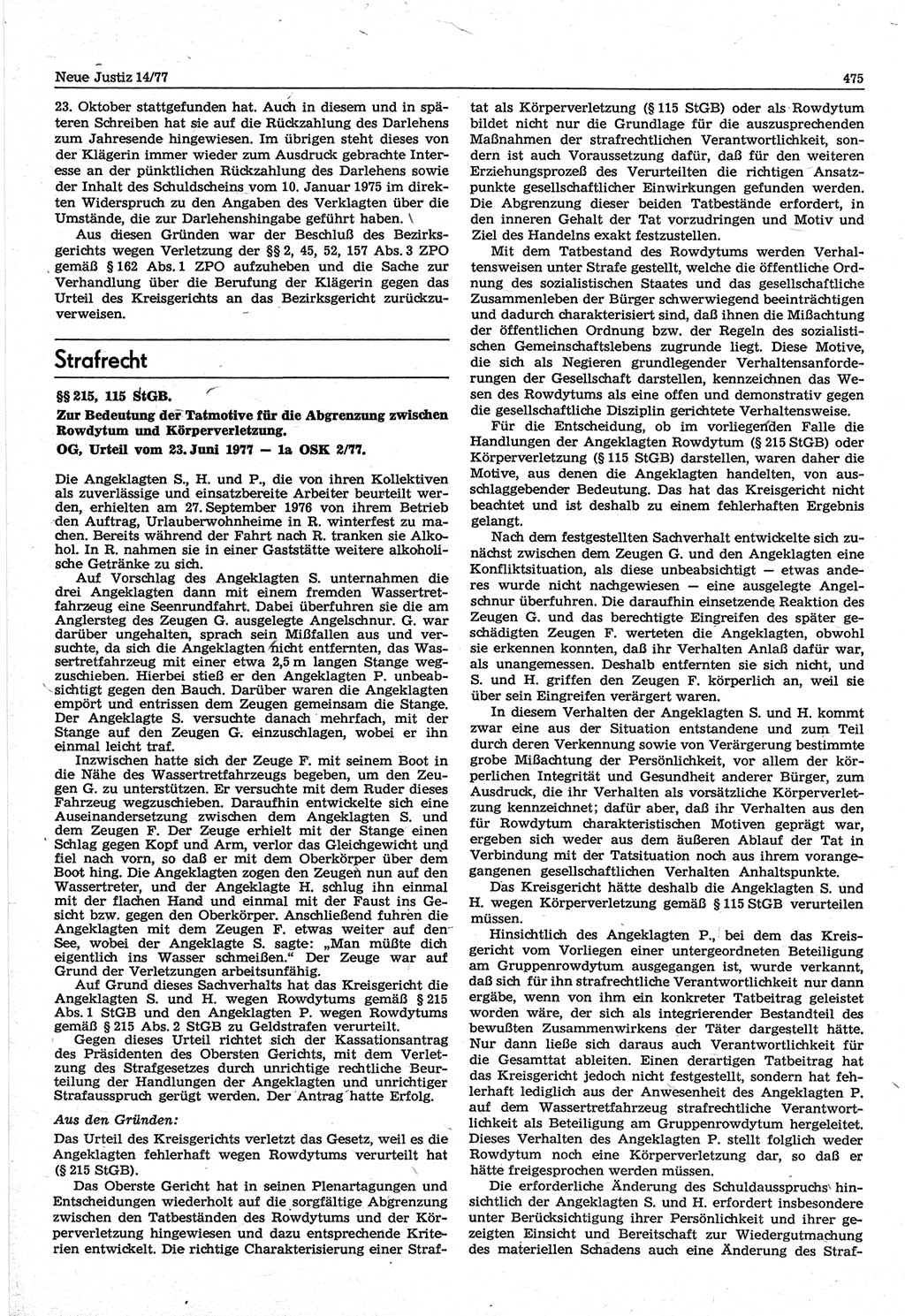 Neue Justiz (NJ), Zeitschrift für Recht und Rechtswissenschaft-Zeitschrift, sozialistisches Recht und Gesetzlichkeit, 31. Jahrgang 1977, Seite 475 (NJ DDR 1977, S. 475)