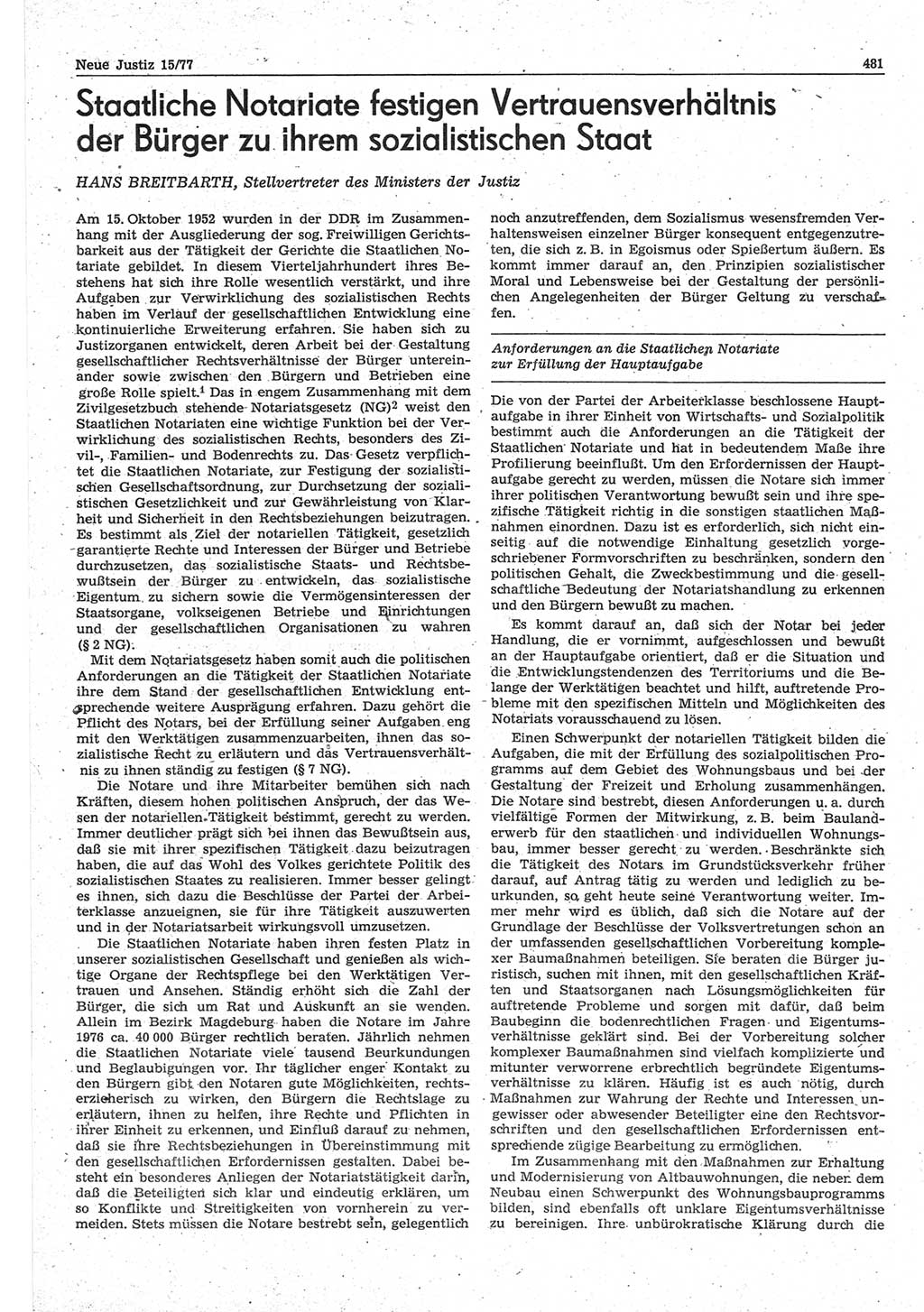Neue Justiz (NJ), Zeitschrift für Recht und Rechtswissenschaft-Zeitschrift, sozialistisches Recht und Gesetzlichkeit, 31. Jahrgang 1977, Seite 481 (NJ DDR 1977, S. 481)