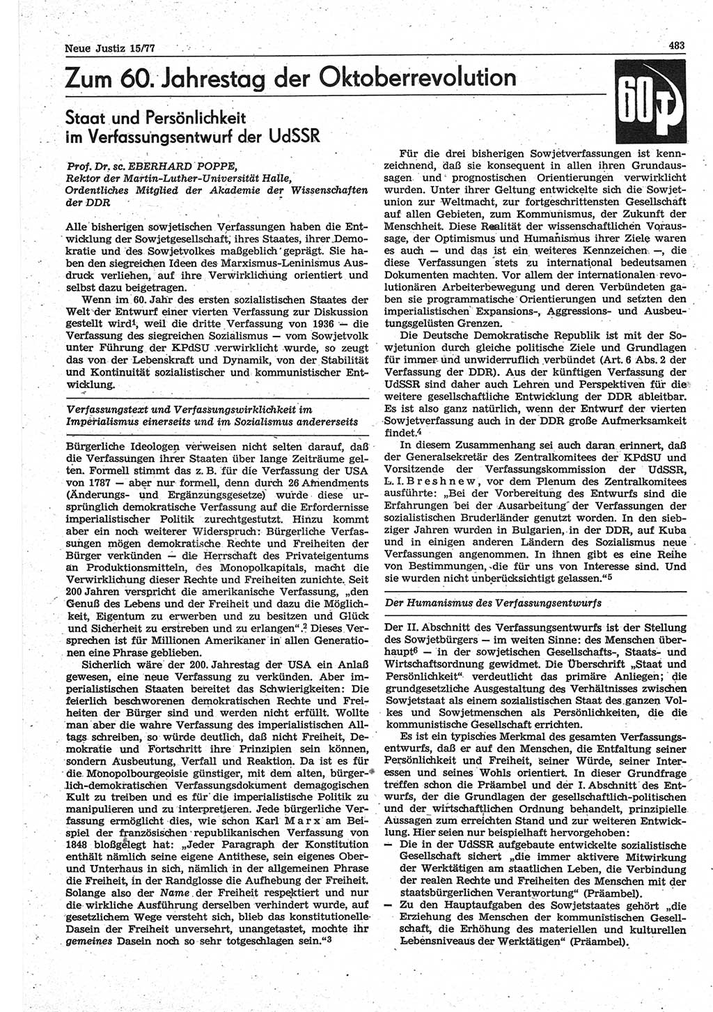 Neue Justiz (NJ), Zeitschrift für Recht und Rechtswissenschaft-Zeitschrift, sozialistisches Recht und Gesetzlichkeit, 31. Jahrgang 1977, Seite 483 (NJ DDR 1977, S. 483)
