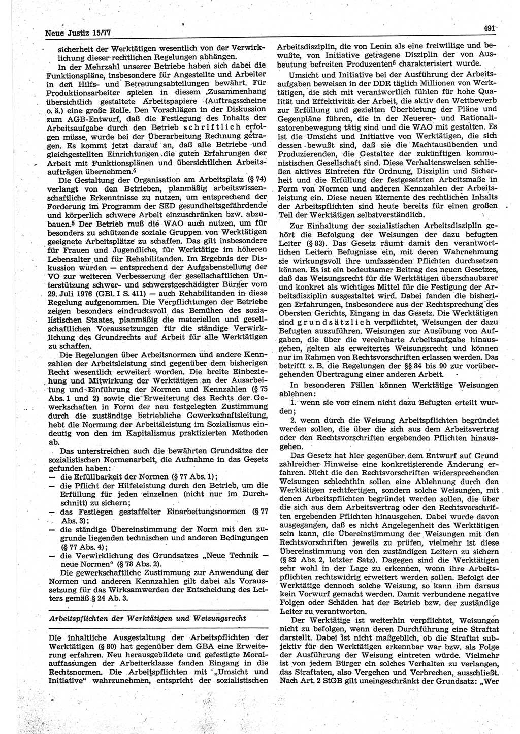 Neue Justiz (NJ), Zeitschrift für Recht und Rechtswissenschaft-Zeitschrift, sozialistisches Recht und Gesetzlichkeit, 31. Jahrgang 1977, Seite 491 (NJ DDR 1977, S. 491)