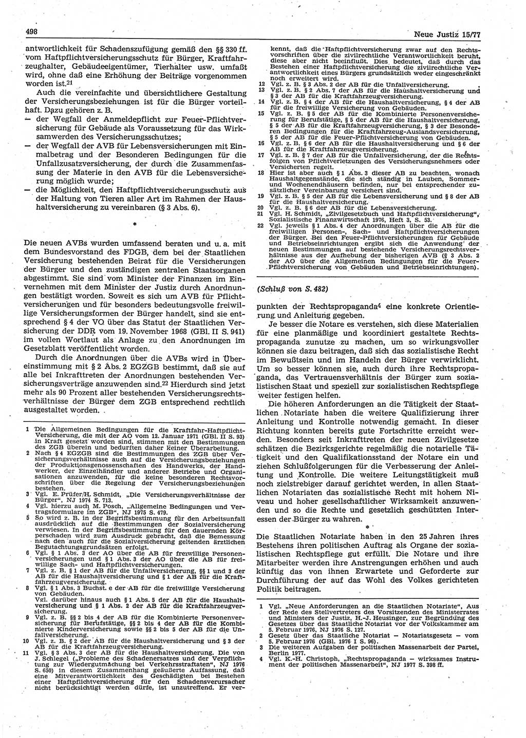 Neue Justiz (NJ), Zeitschrift für Recht und Rechtswissenschaft-Zeitschrift, sozialistisches Recht und Gesetzlichkeit, 31. Jahrgang 1977, Seite 498 (NJ DDR 1977, S. 498)