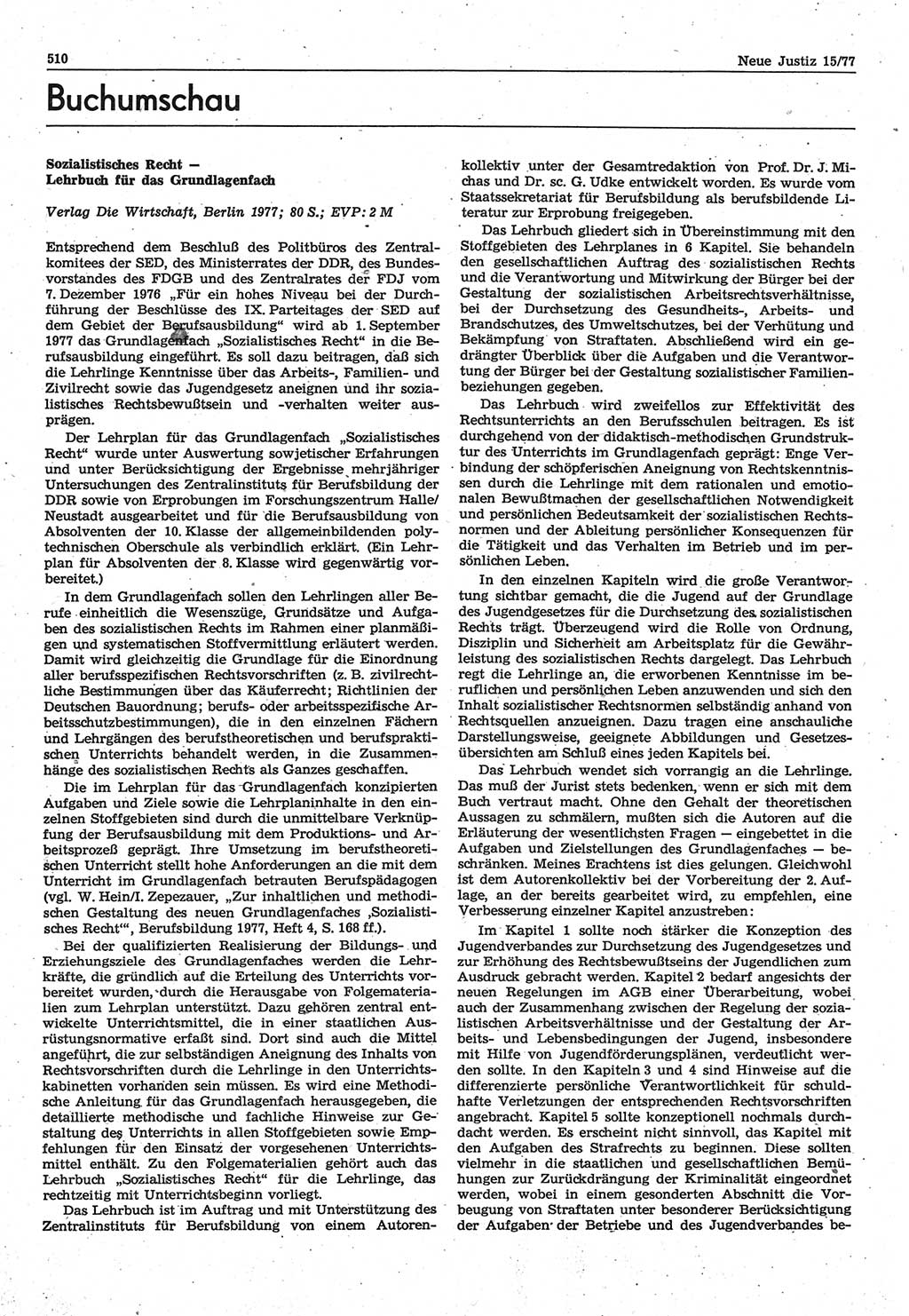 Neue Justiz (NJ), Zeitschrift für Recht und Rechtswissenschaft-Zeitschrift, sozialistisches Recht und Gesetzlichkeit, 31. Jahrgang 1977, Seite 510 (NJ DDR 1977, S. 510)