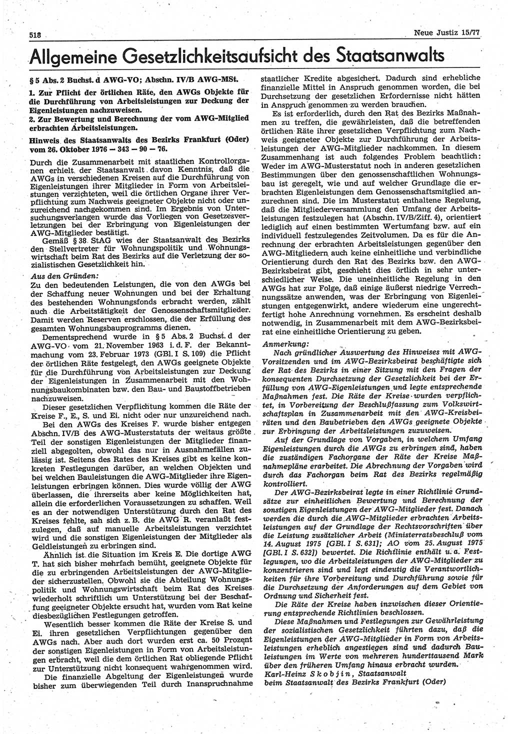Neue Justiz (NJ), Zeitschrift für Recht und Rechtswissenschaft-Zeitschrift, sozialistisches Recht und Gesetzlichkeit, 31. Jahrgang 1977, Seite 518 (NJ DDR 1977, S. 518)