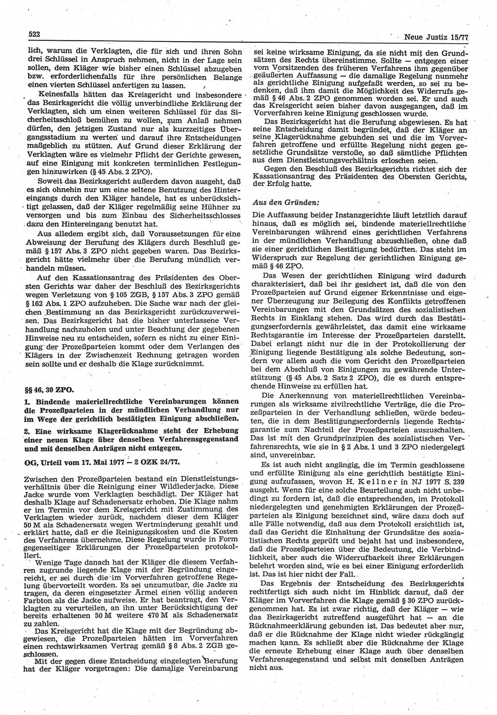 Neue Justiz (NJ), Zeitschrift für Recht und Rechtswissenschaft-Zeitschrift, sozialistisches Recht und Gesetzlichkeit, 31. Jahrgang 1977, Seite 522 (NJ DDR 1977, S. 522)
